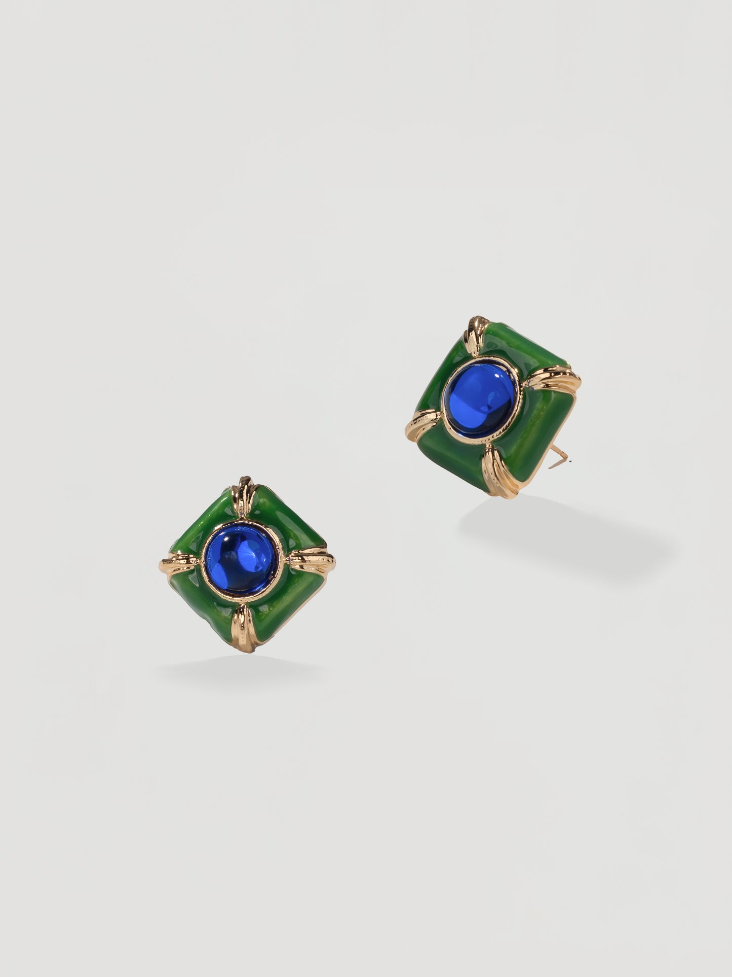 Vintage Green Enamel & Blue Gem Square Studs