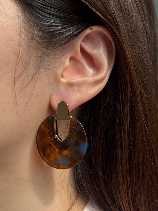 Statement Amber & Blue Marbled Resin Drop Earrings