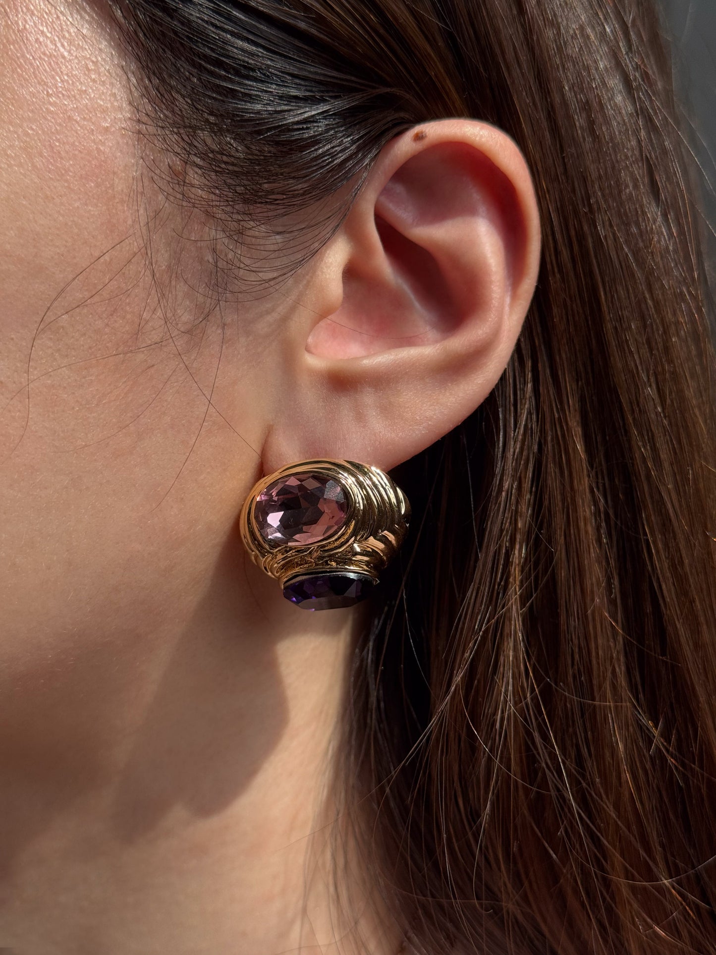 Vintage Gold Purple Crystal Dome Stud Earrings