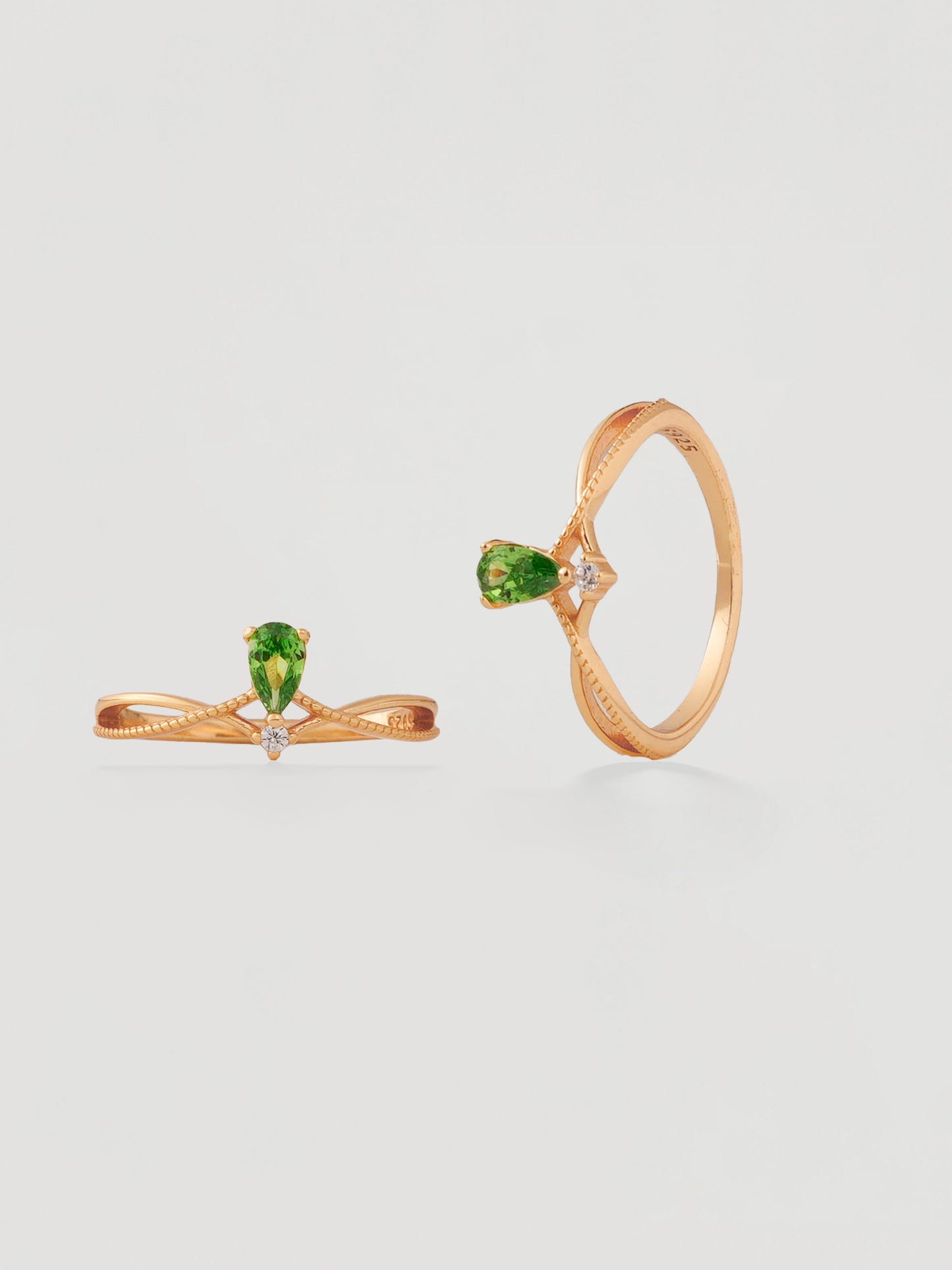 Vintage Gold Green Pear Crystal Wishbone Ring
