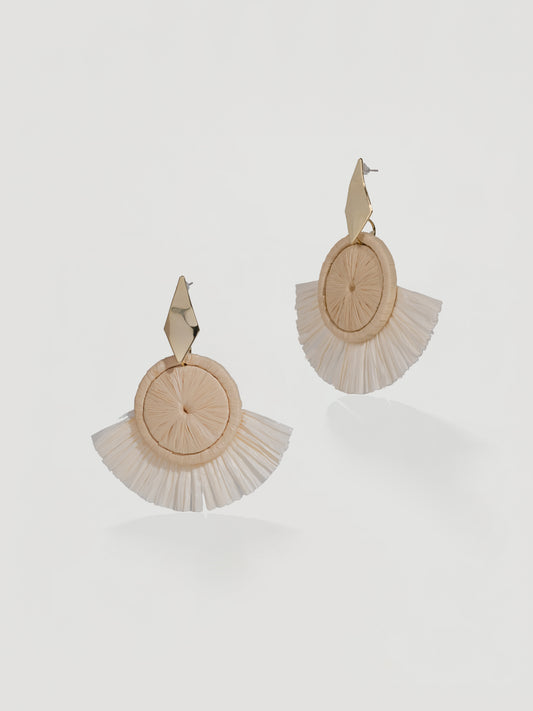 Resort Gold Geometric & Cream Woven Fringe Earrings