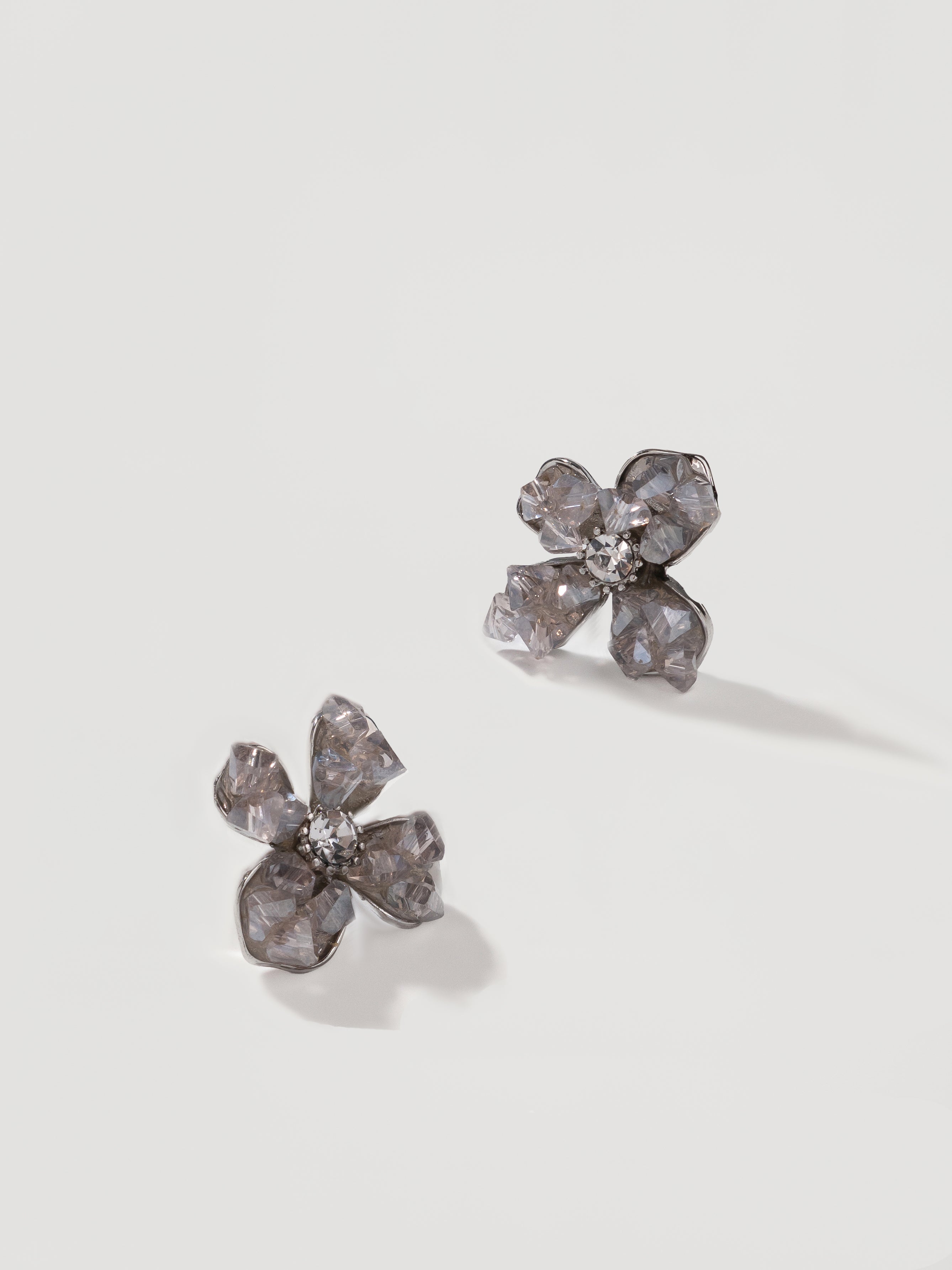 Smoky Grey Crystal Floral Stud Earrings