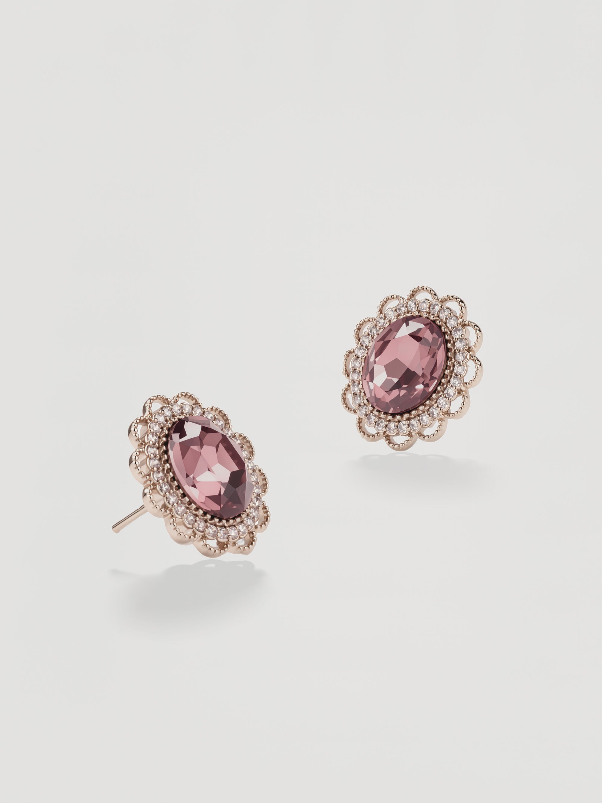 Vintage Rose Pink Oval Halo Stud Earrings
