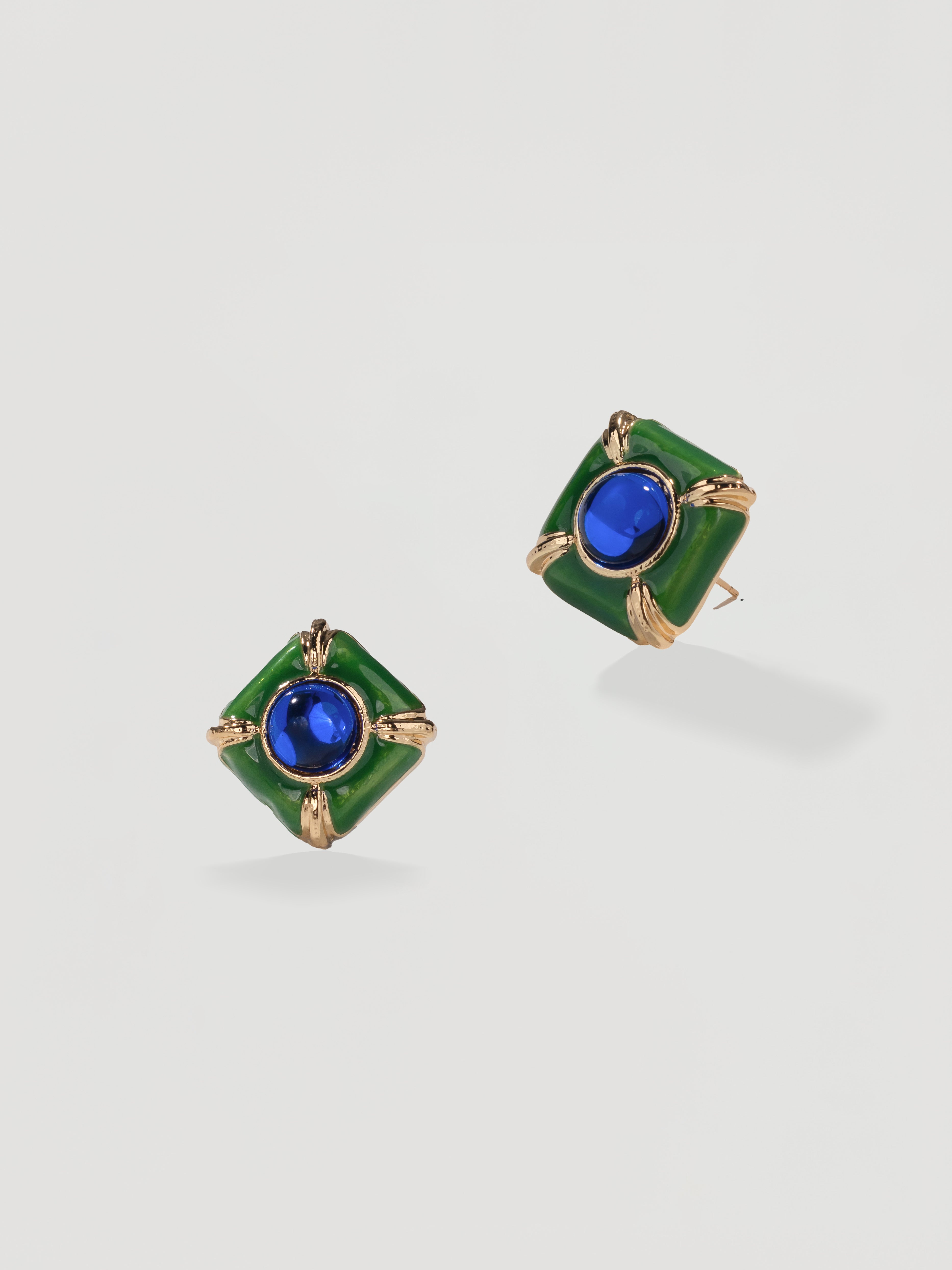 Vintage Green Enamel & Blue Gem Square Studs