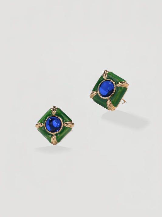 Vintage Green Enamel & Blue Gem Square Studs