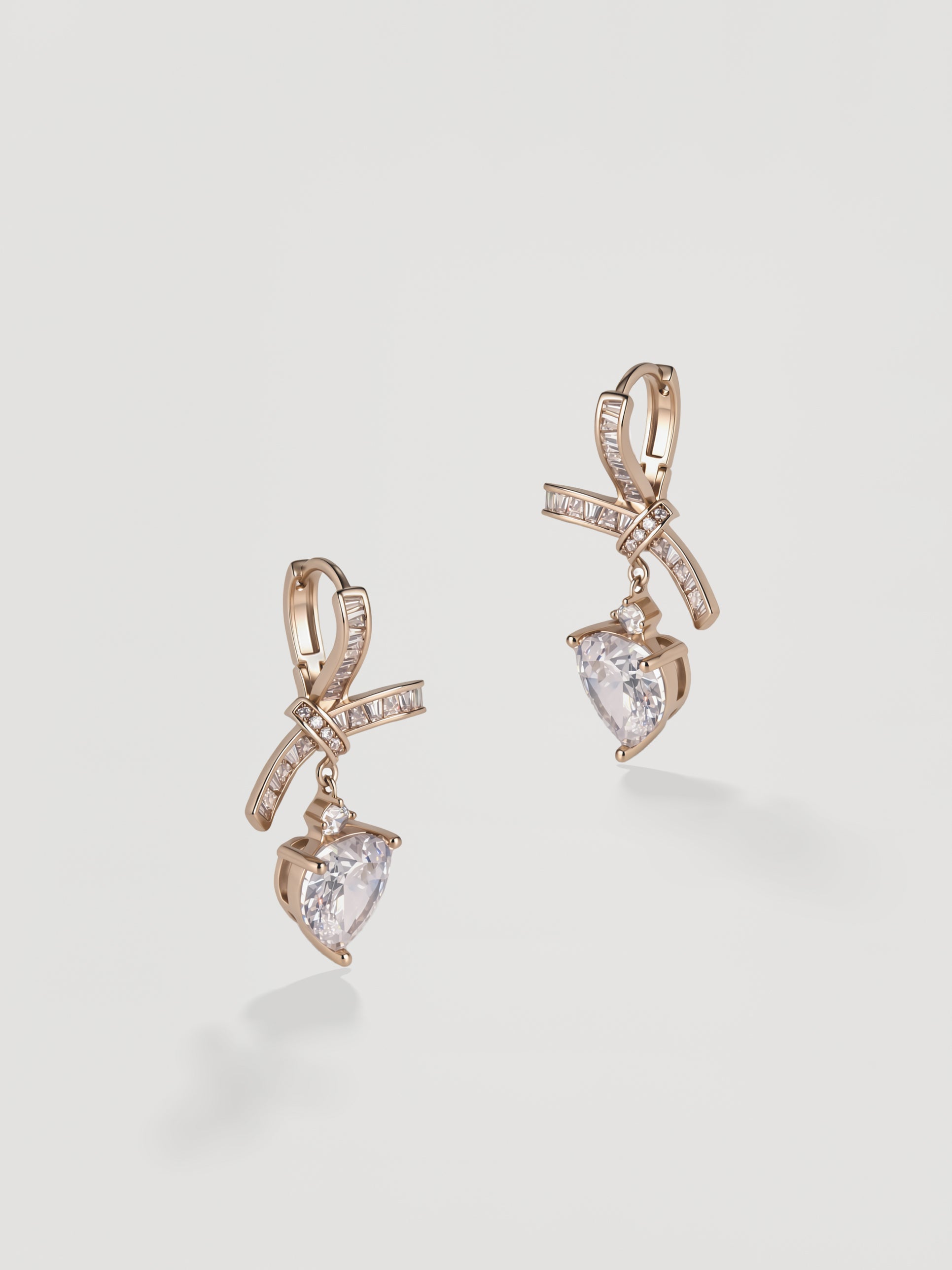 Romantic Ribbon Bow & Heart CZ Drop Earrings