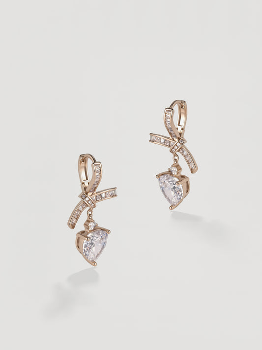 Romantic Ribbon Bow & Heart CZ Drop Earrings