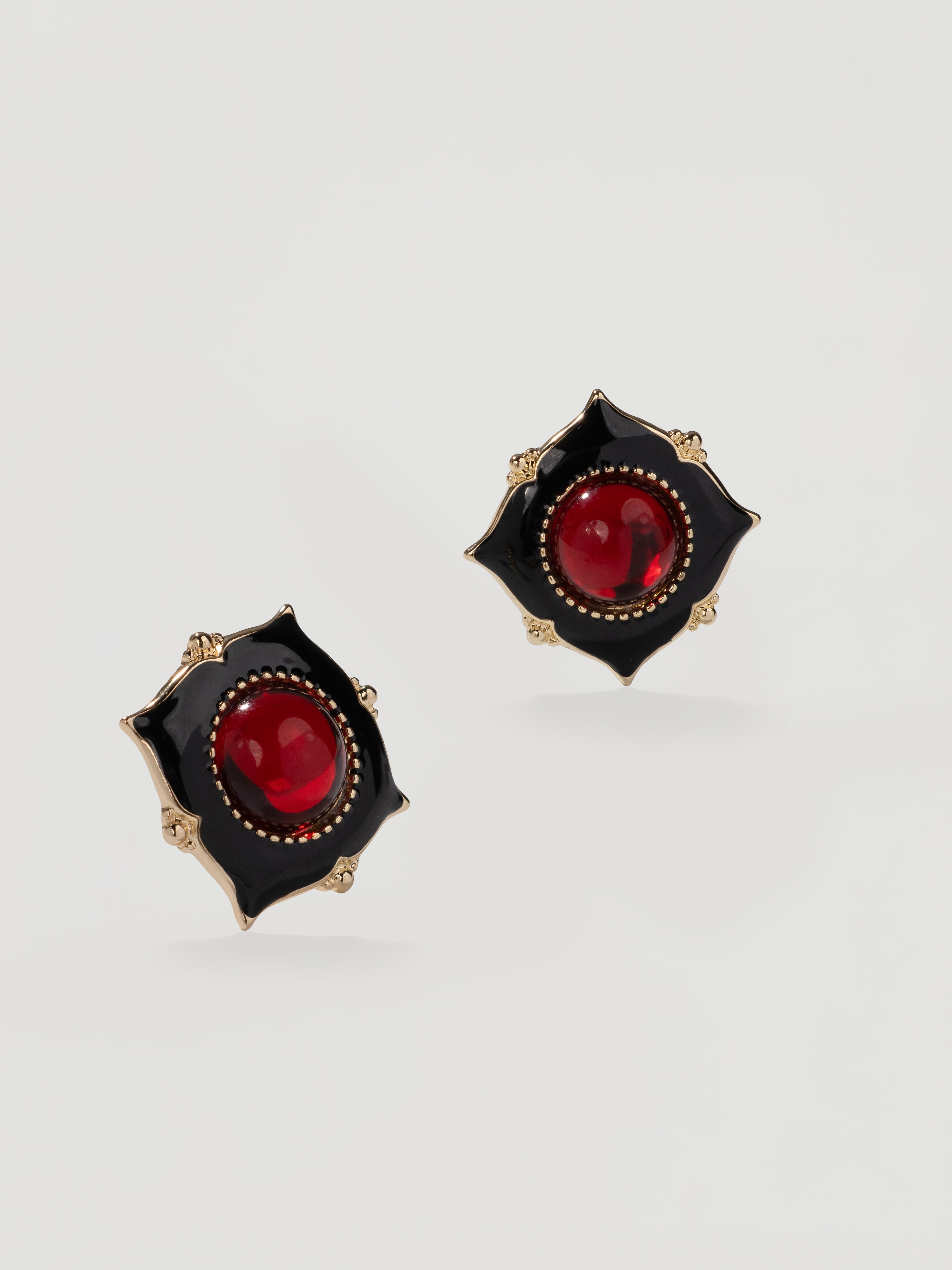 Vintage Black Enamel & Ruby Red Gem Studs