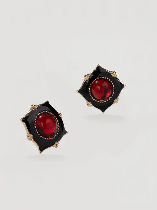 Vintage Black Enamel & Ruby Red Gem Studs