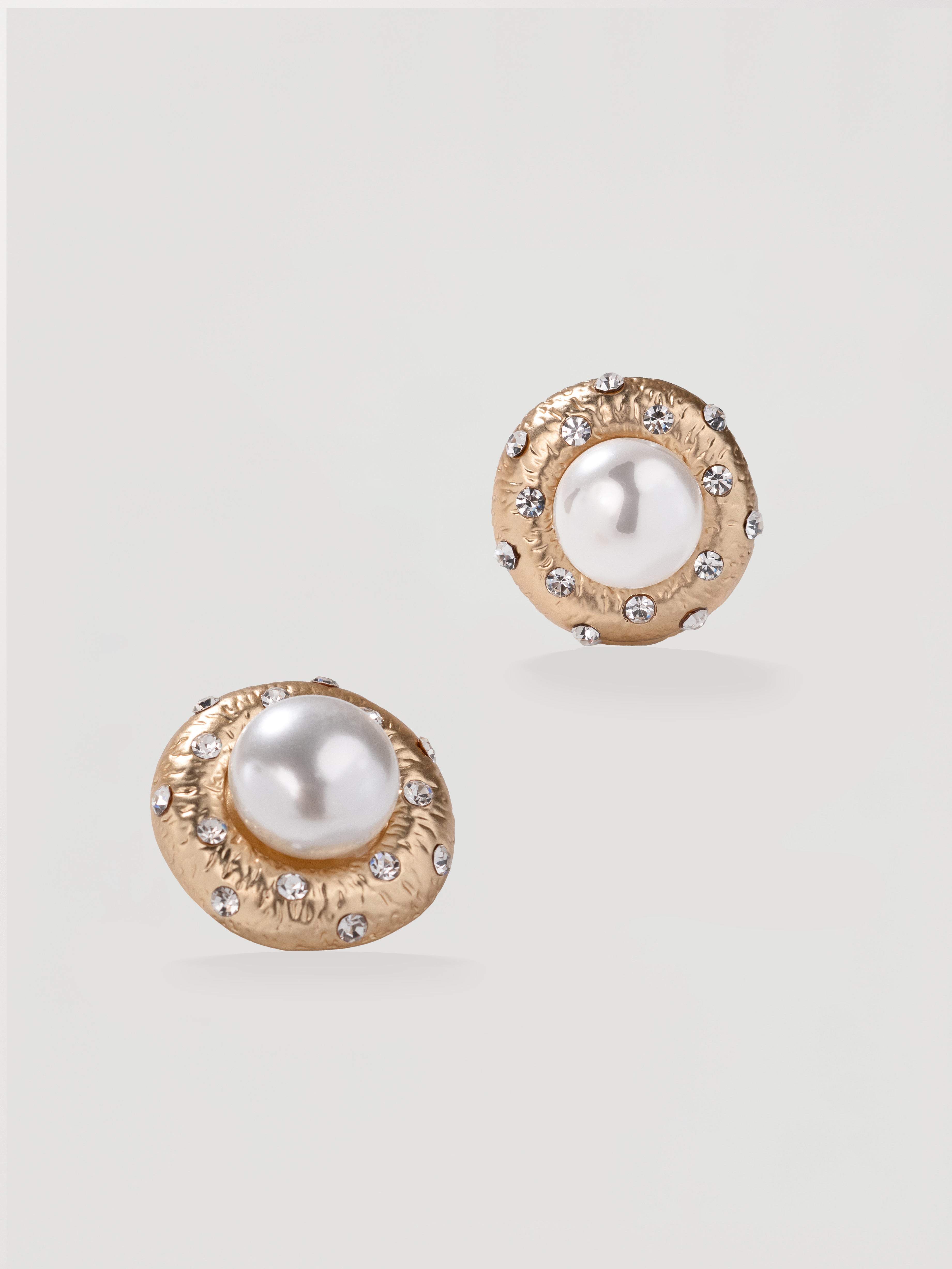 Classic Gold Textured Pearl Button Stud Earrings