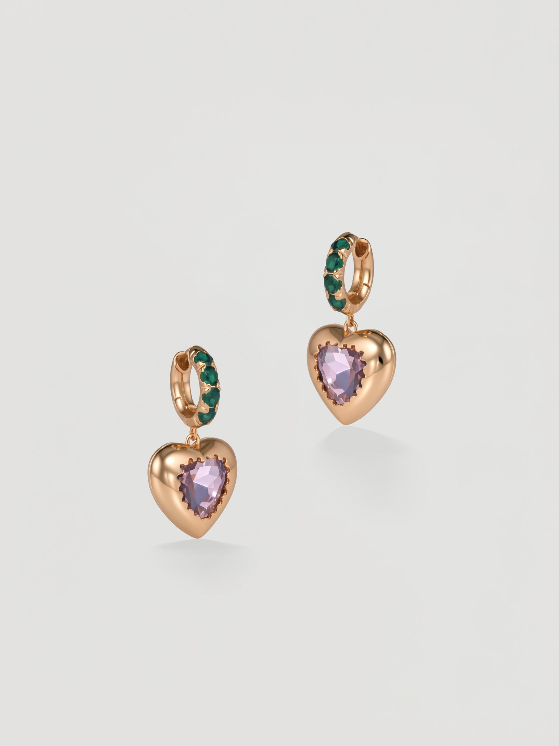 Vintage Gold Pink Heart & Green Gem Huggie Earrings