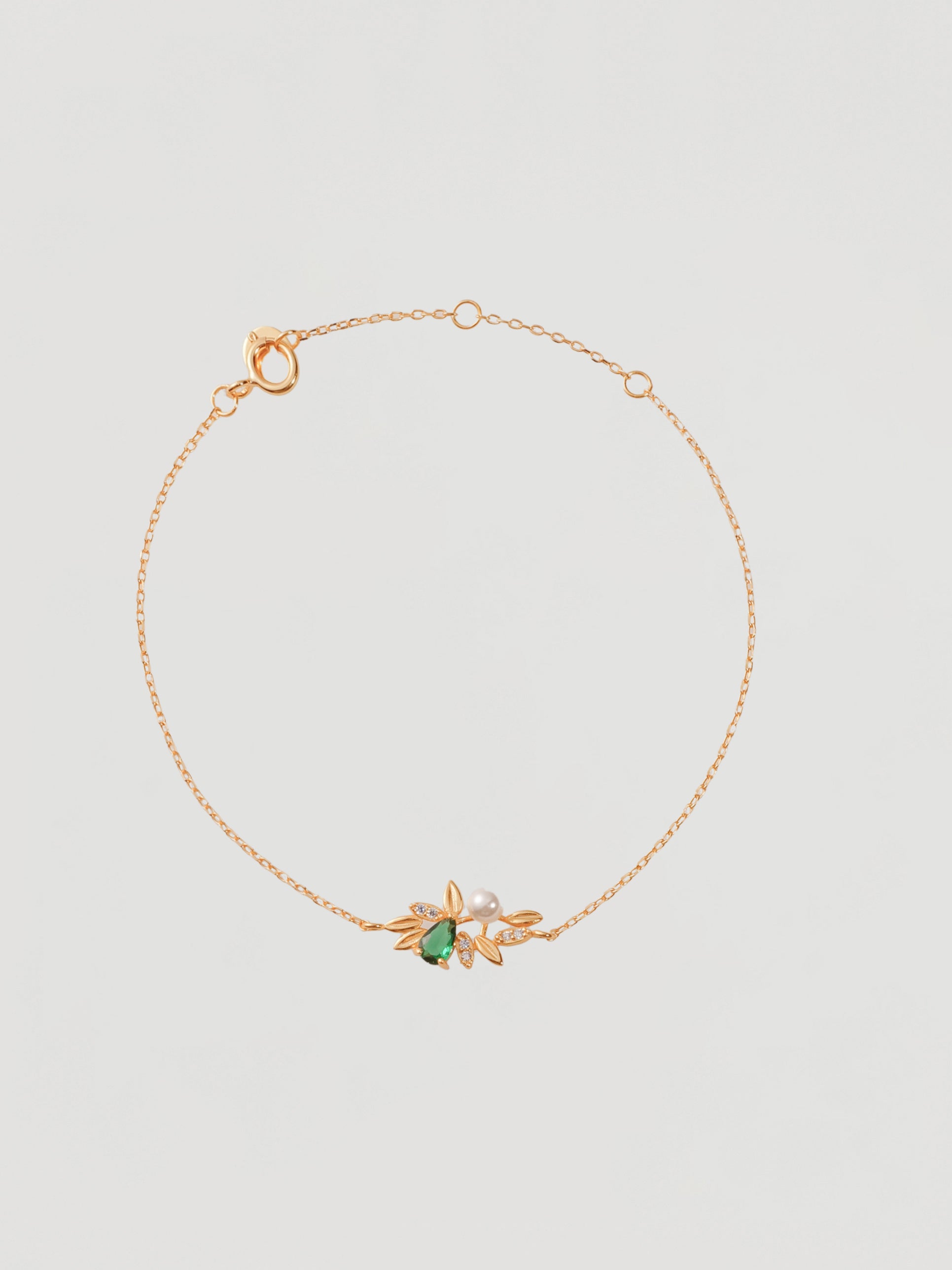 Vintage Gold Green Pear & Pearl Botanical Bracelet