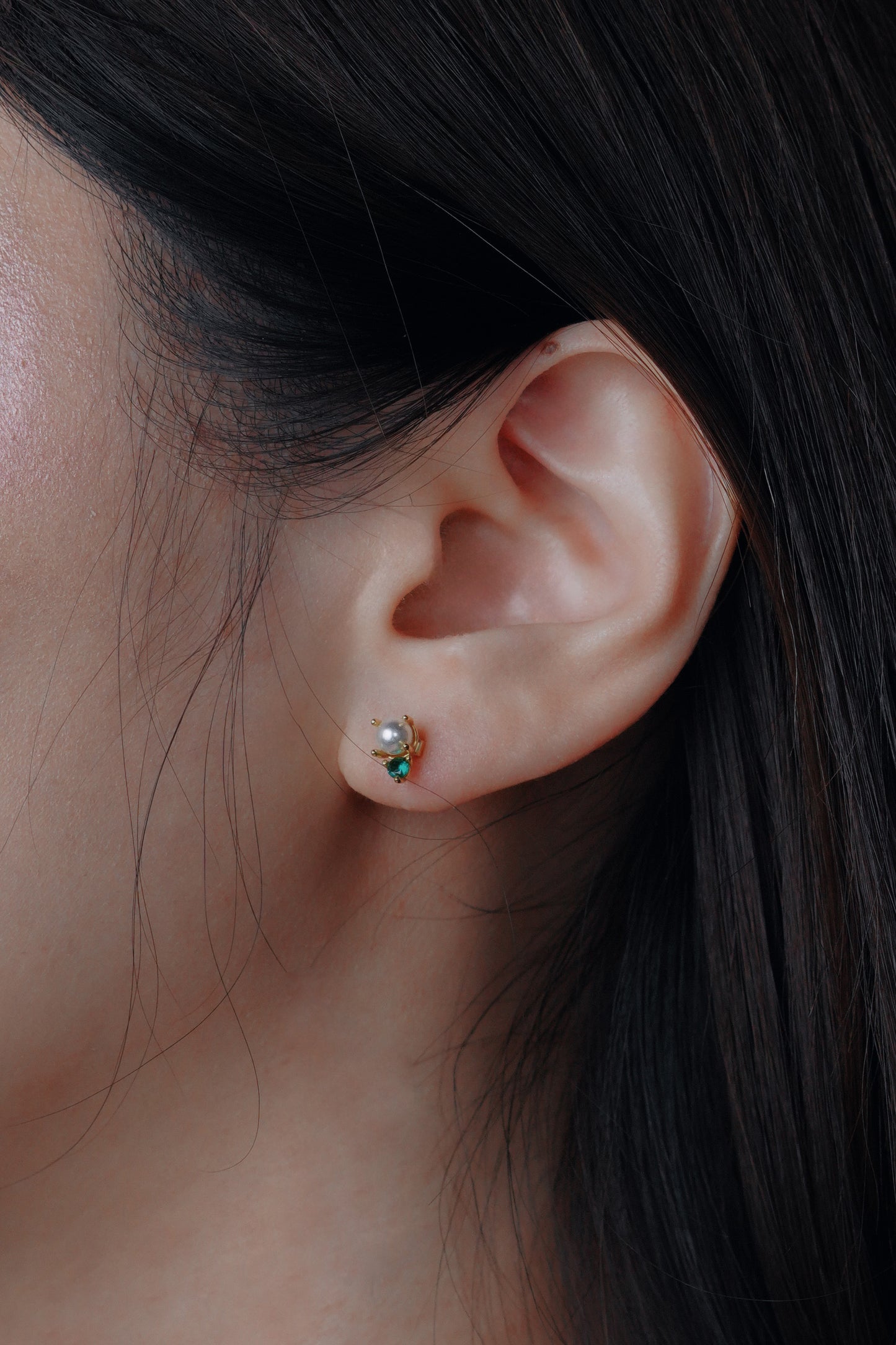 Dainty Gold Pearl & Green Crystal Stud Earrings