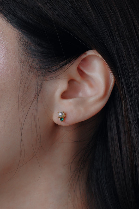 Dainty Gold Pearl & Green Crystal Stud Earrings