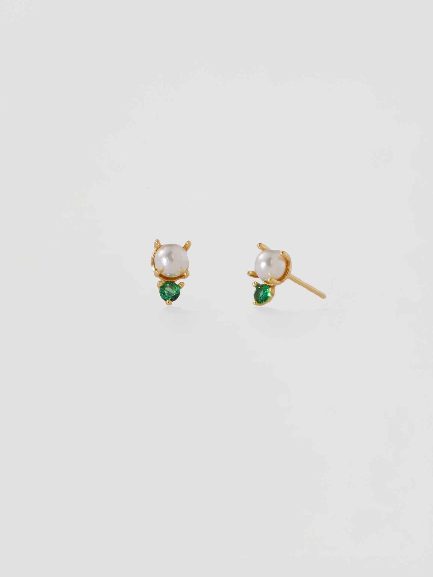 Dainty Gold Pearl & Green Crystal Stud Earrings