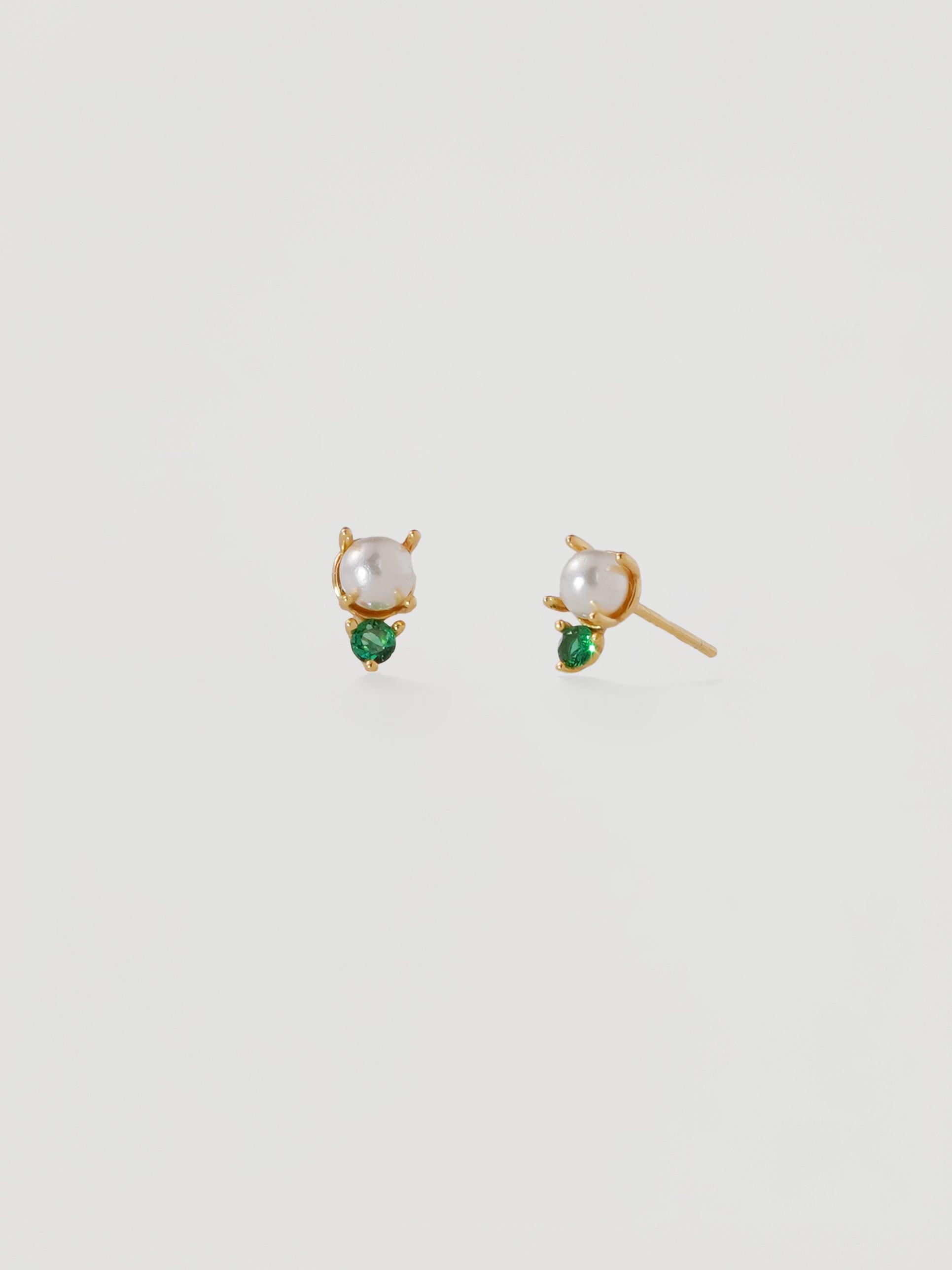 Dainty Gold Pearl & Green Crystal Stud Earrings