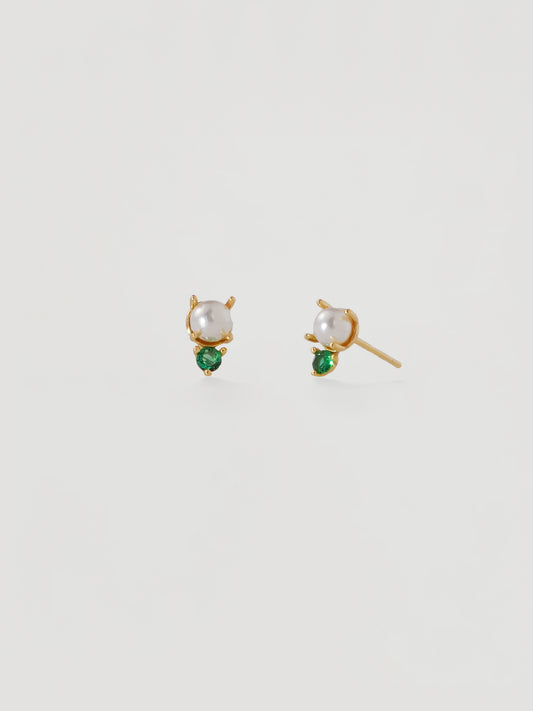 Dainty Gold Pearl & Green Crystal Stud Earrings