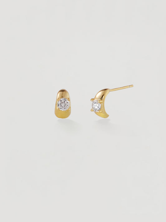 Dainty Gold Crescent Crystal Stud Earrings