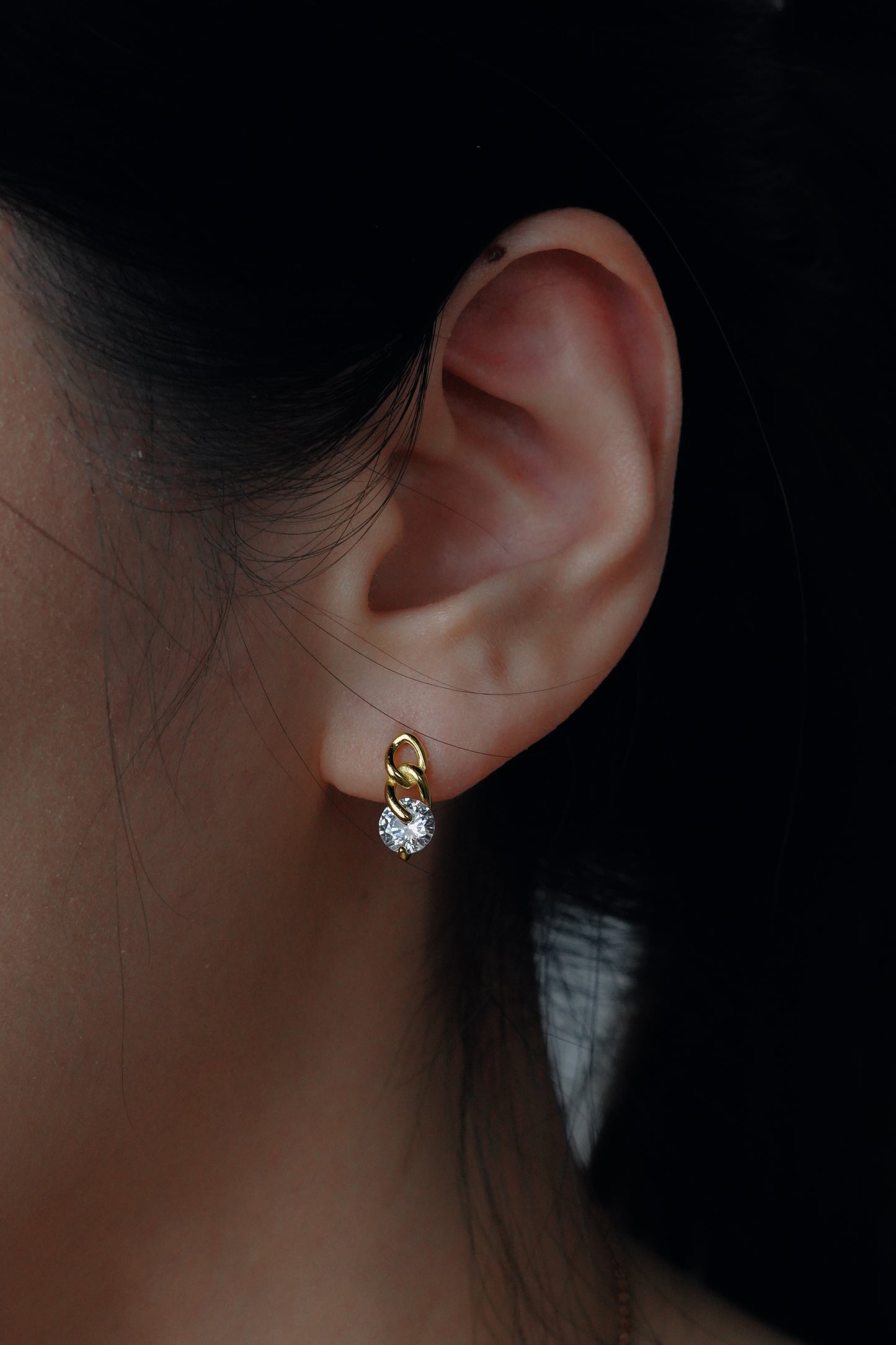 Gold Crystal Drop Chain Huggie Hoops