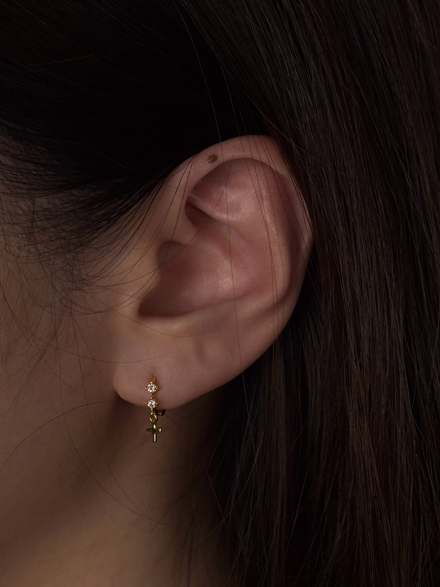 Gold Crystal Huggie Hoops with Cross Charm