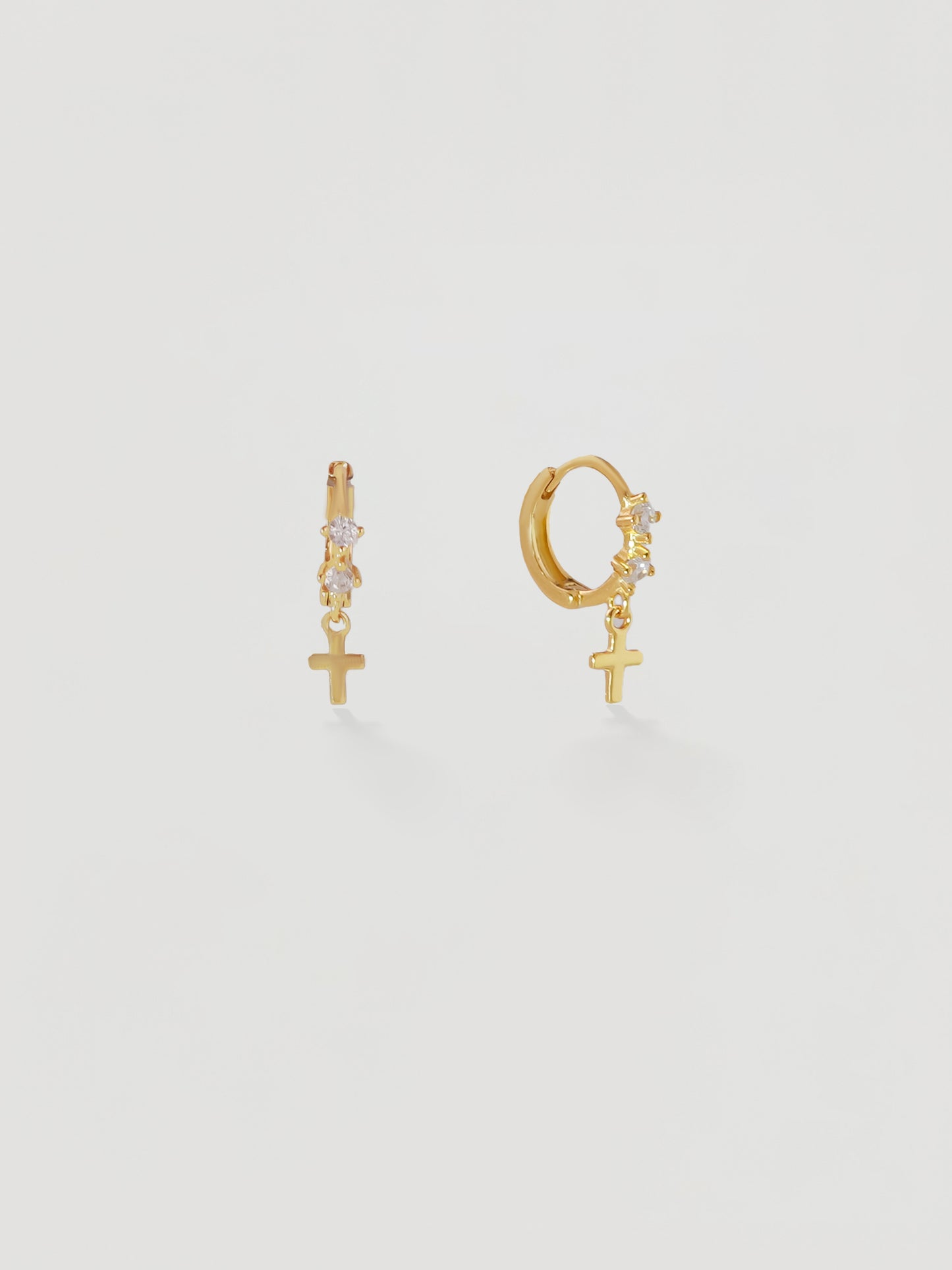 Gold Crystal Huggie Hoops with Cross Charm