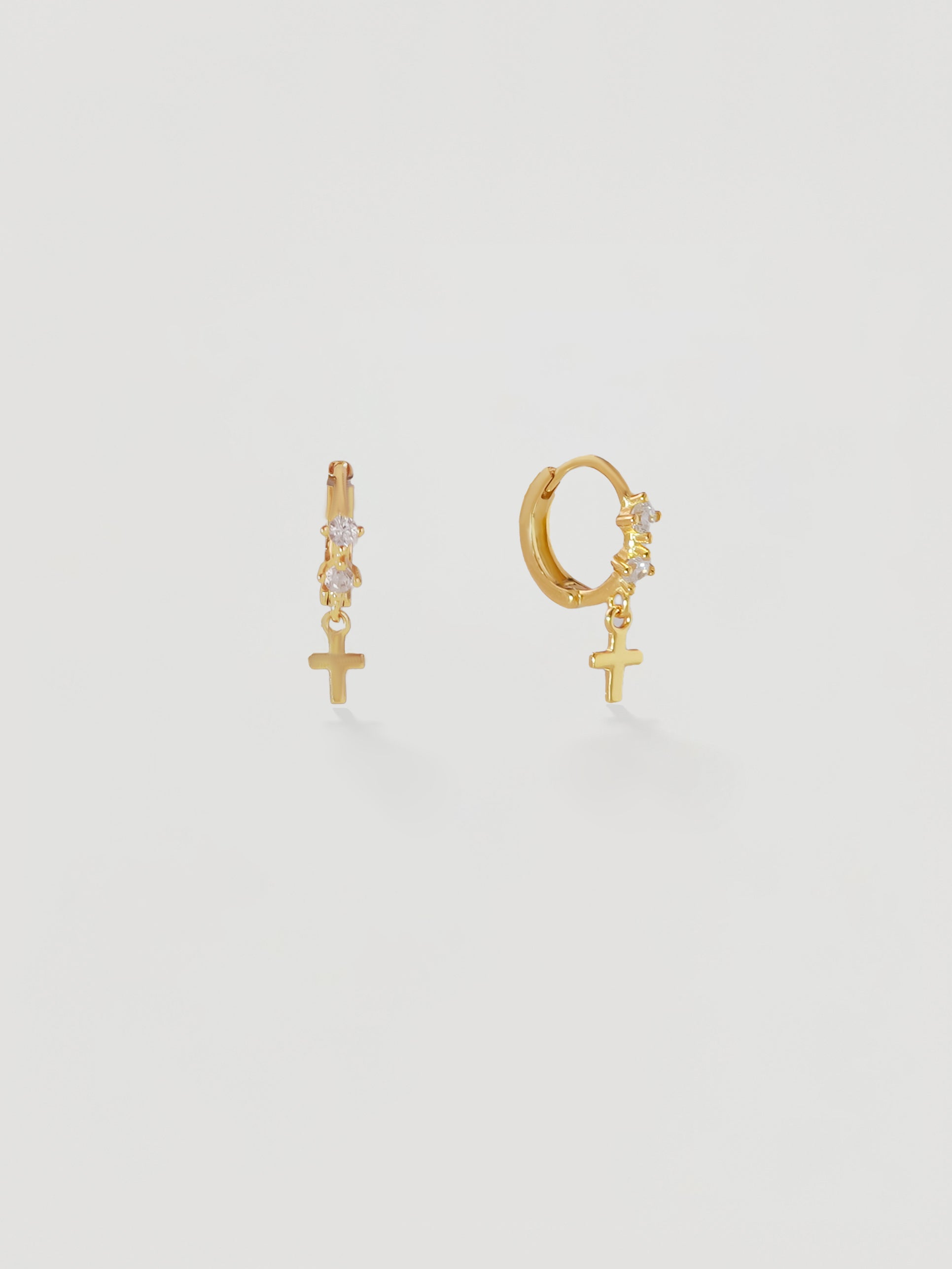 Gold Crystal Huggie Hoops with Cross Charm