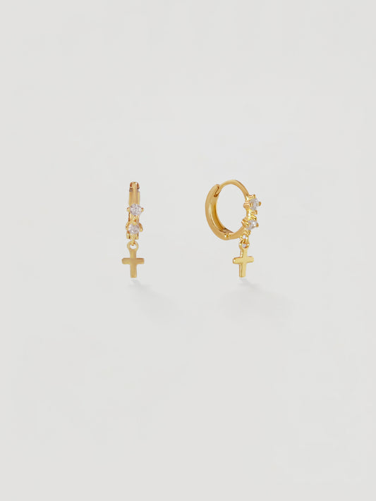 Gold Crystal Huggie Hoops with Cross Charm