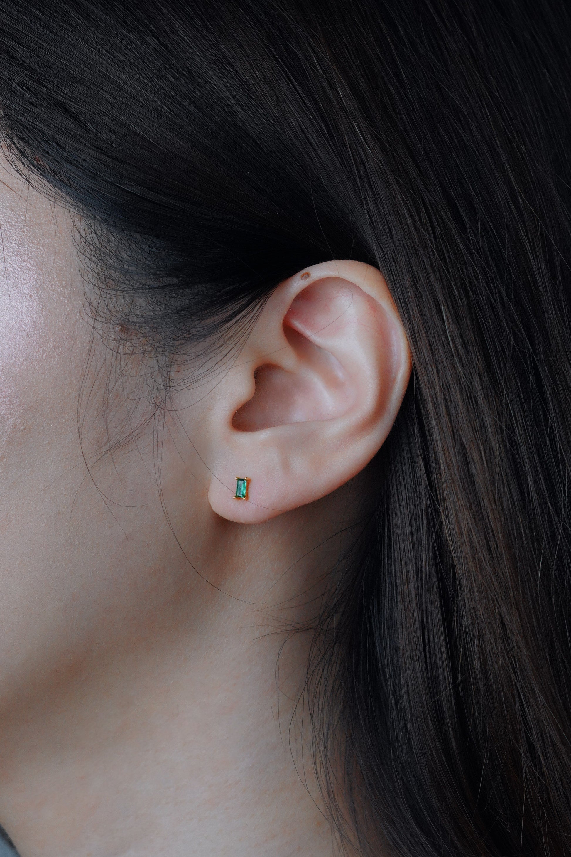 Dainty Gold Green Baguette Crystal Stud Earrings
