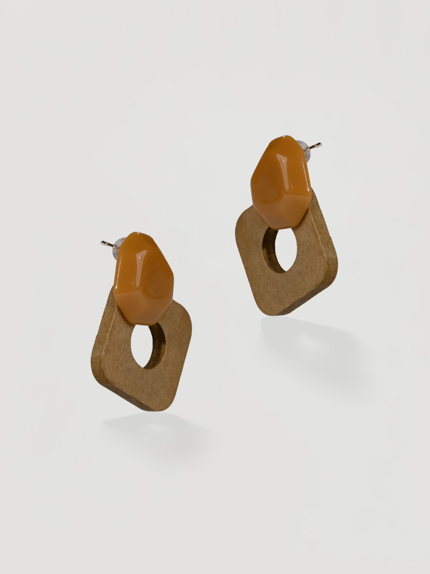 Earthy Mustard Resin & Wood Square Drop Earrings