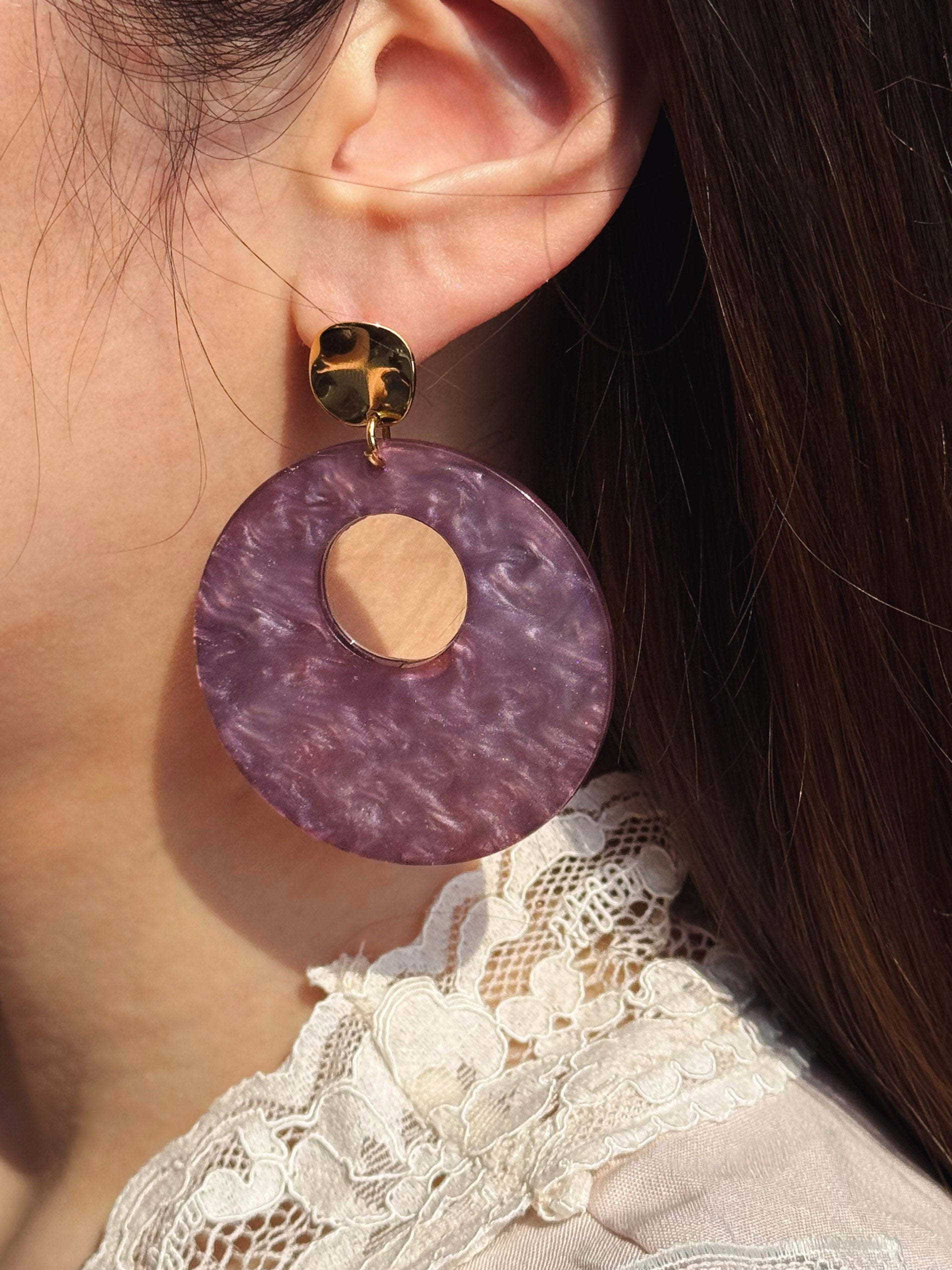 Retro Purple Marbled Resin Oval Drop Earrings