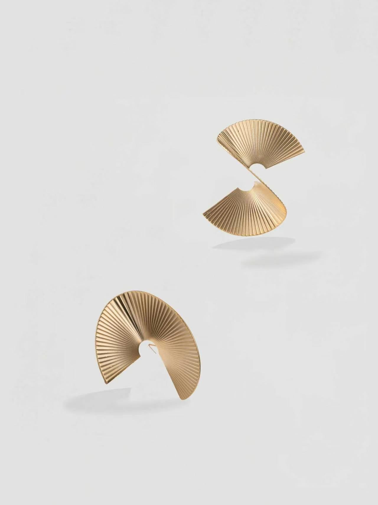 Sculptural Gold Pleated Fan Statement Earrings