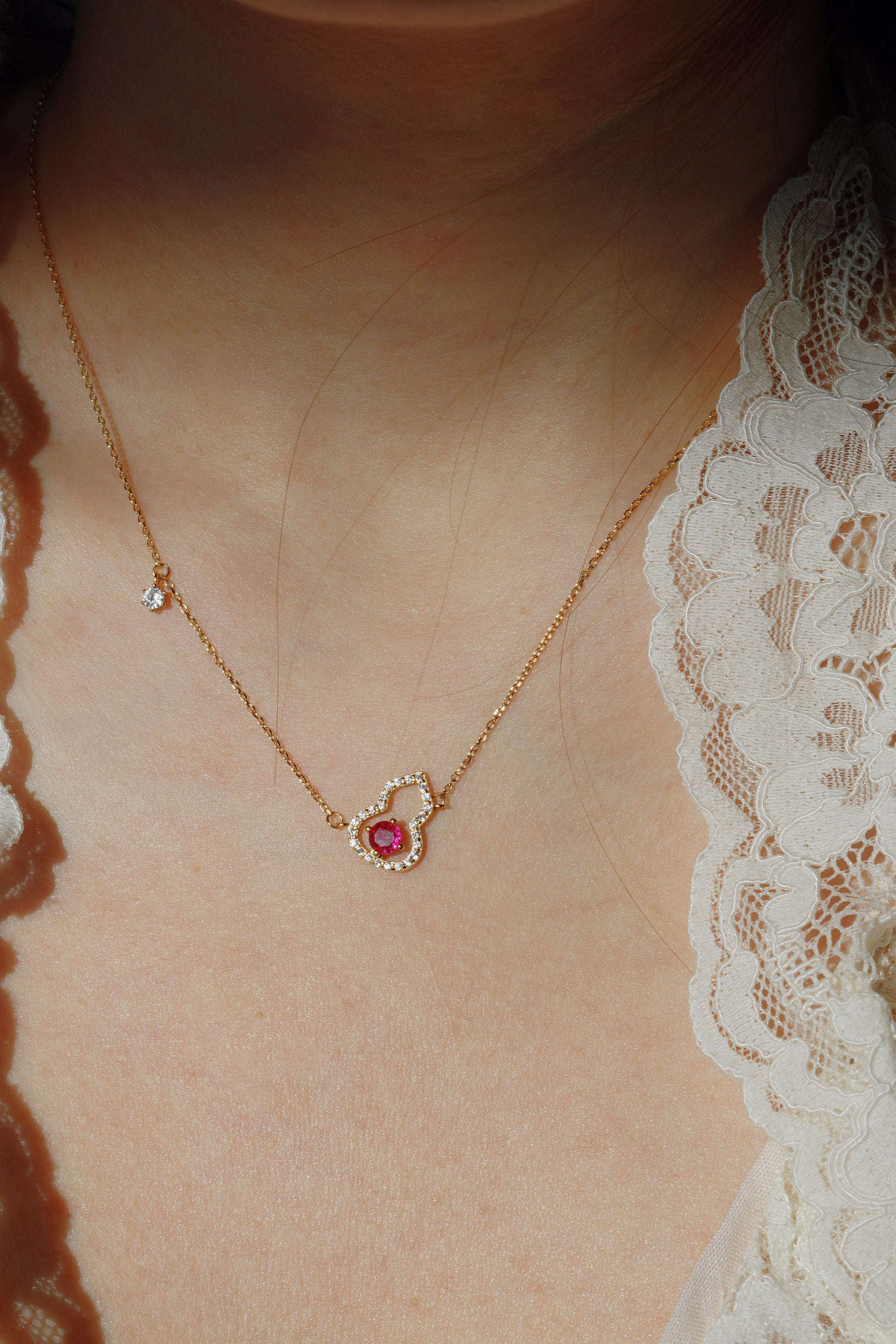 Lucky Gold Gourd & Pink Crystal Necklace