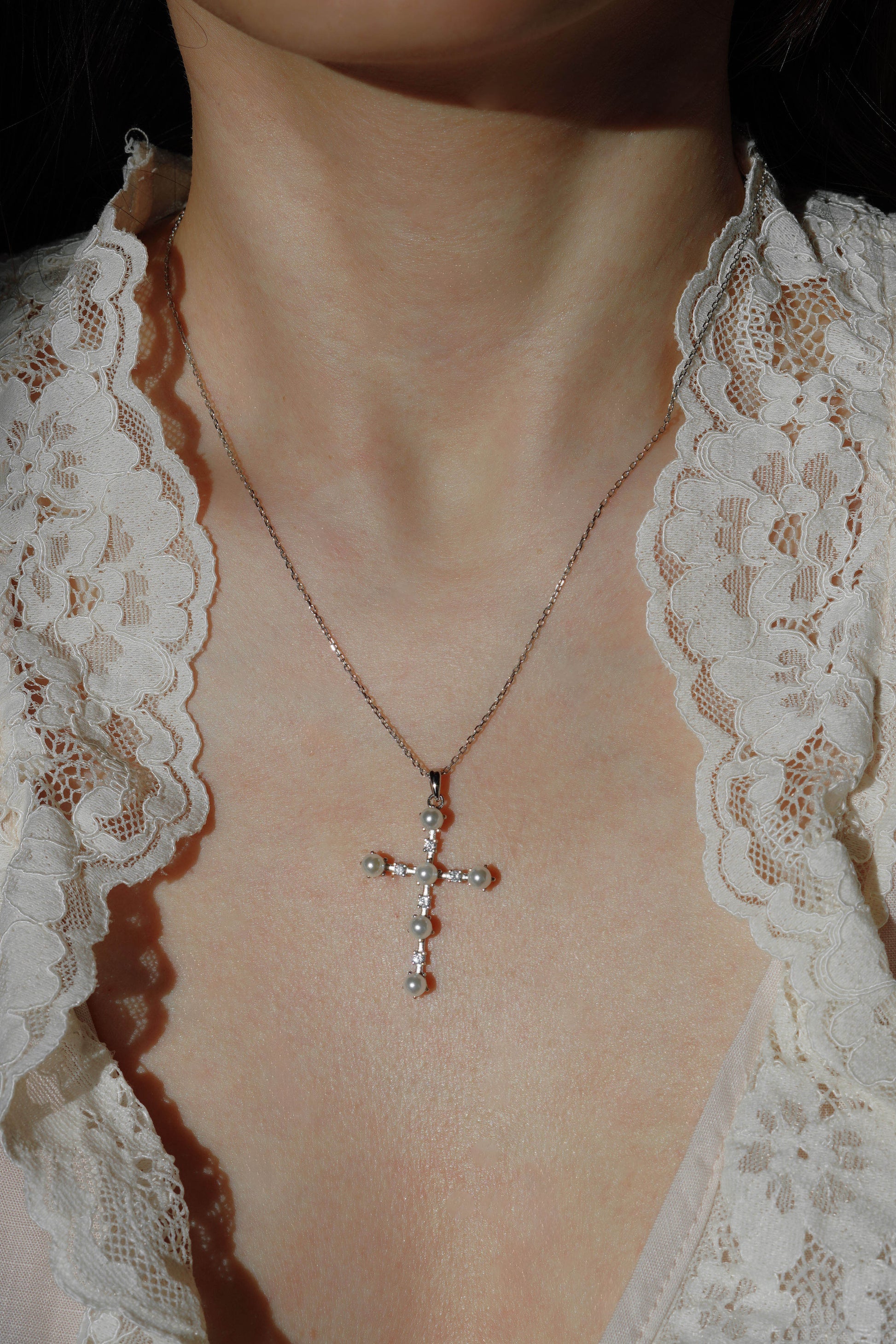 Vintage Silver Pearl & Crystal Cross Necklace