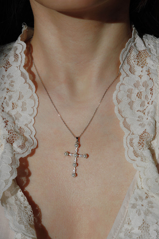 Vintage Silver Pearl & Crystal Cross Necklace