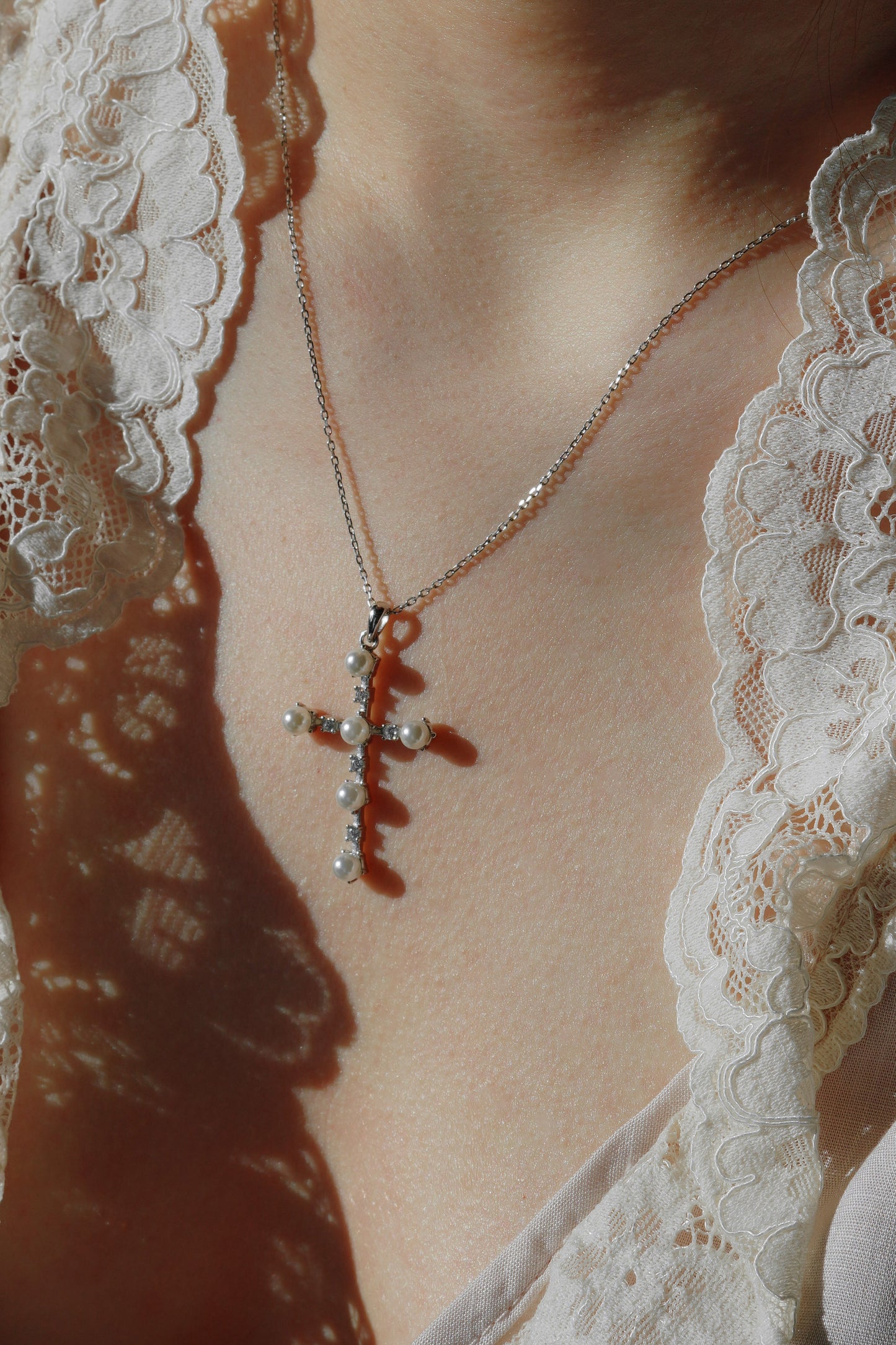 Vintage Silver Pearl & Crystal Cross Necklace