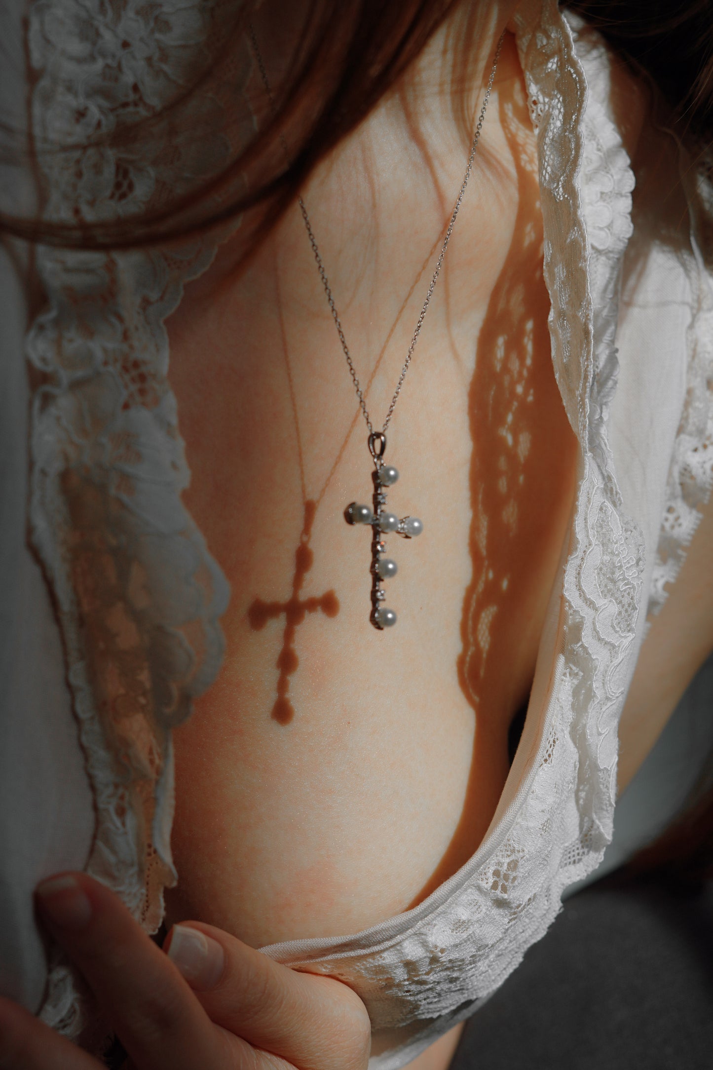 Vintage Silver Pearl & Crystal Cross Necklace
