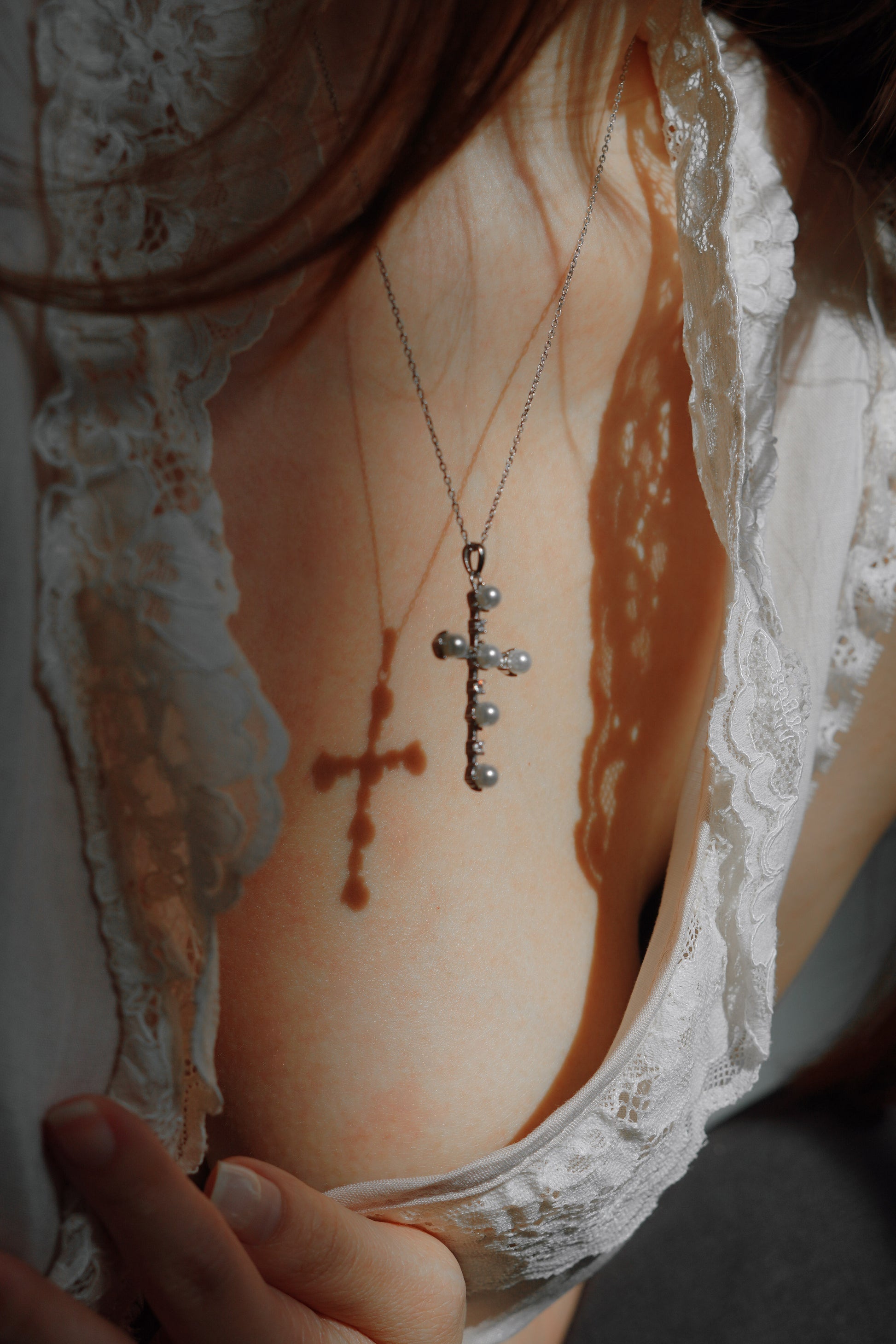 Vintage Silver Pearl & Crystal Cross Necklace