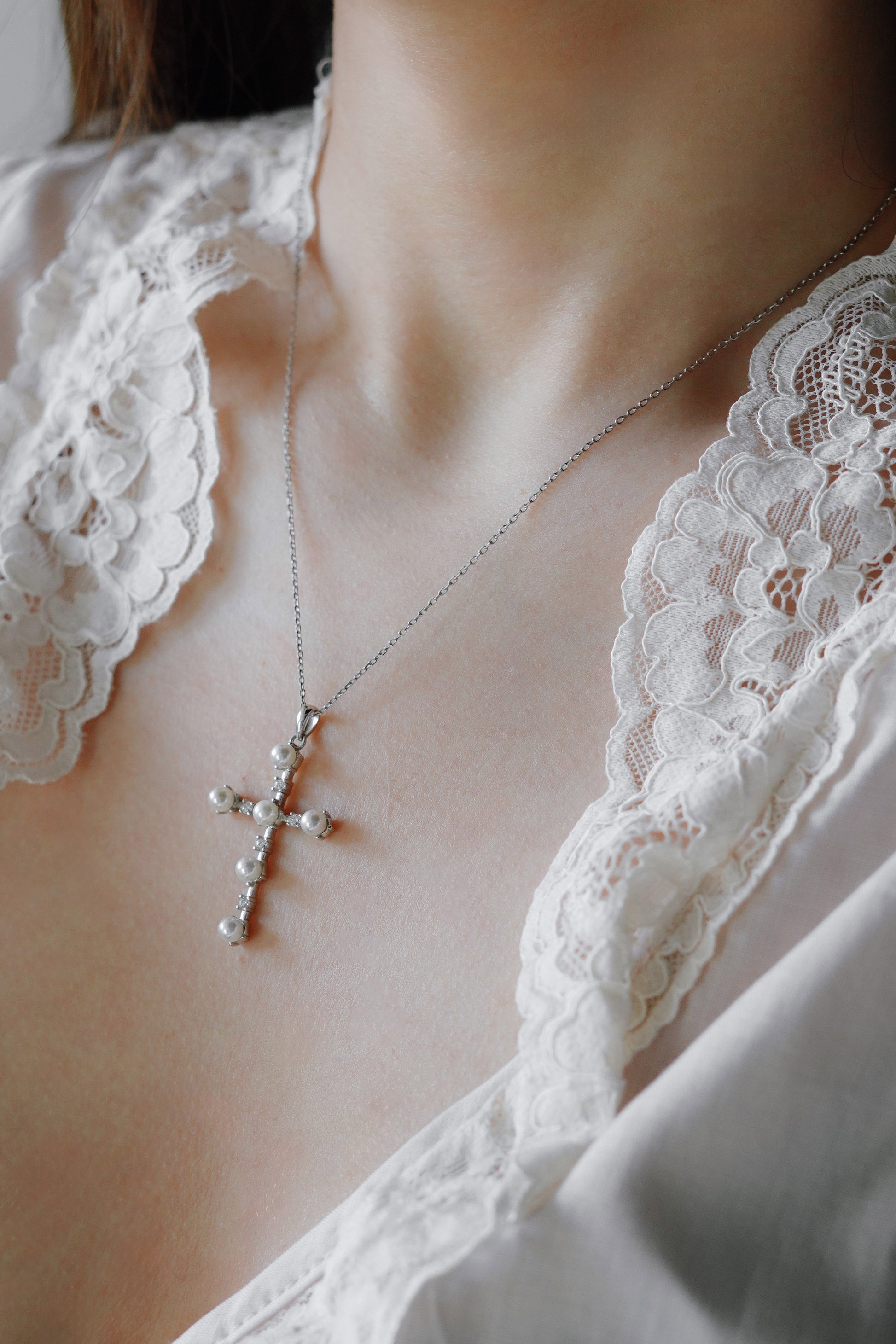 Vintage Silver Pearl & Crystal Cross Necklace