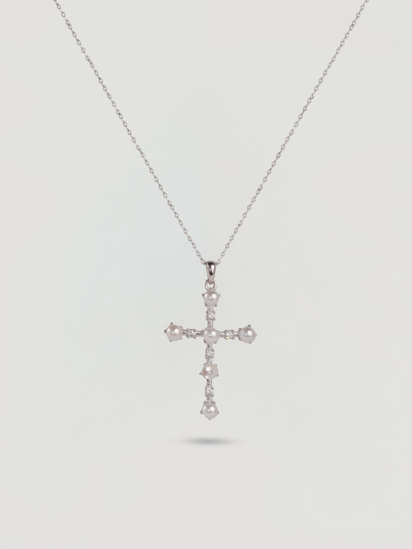 Vintage Silver Pearl & Crystal Cross Necklace