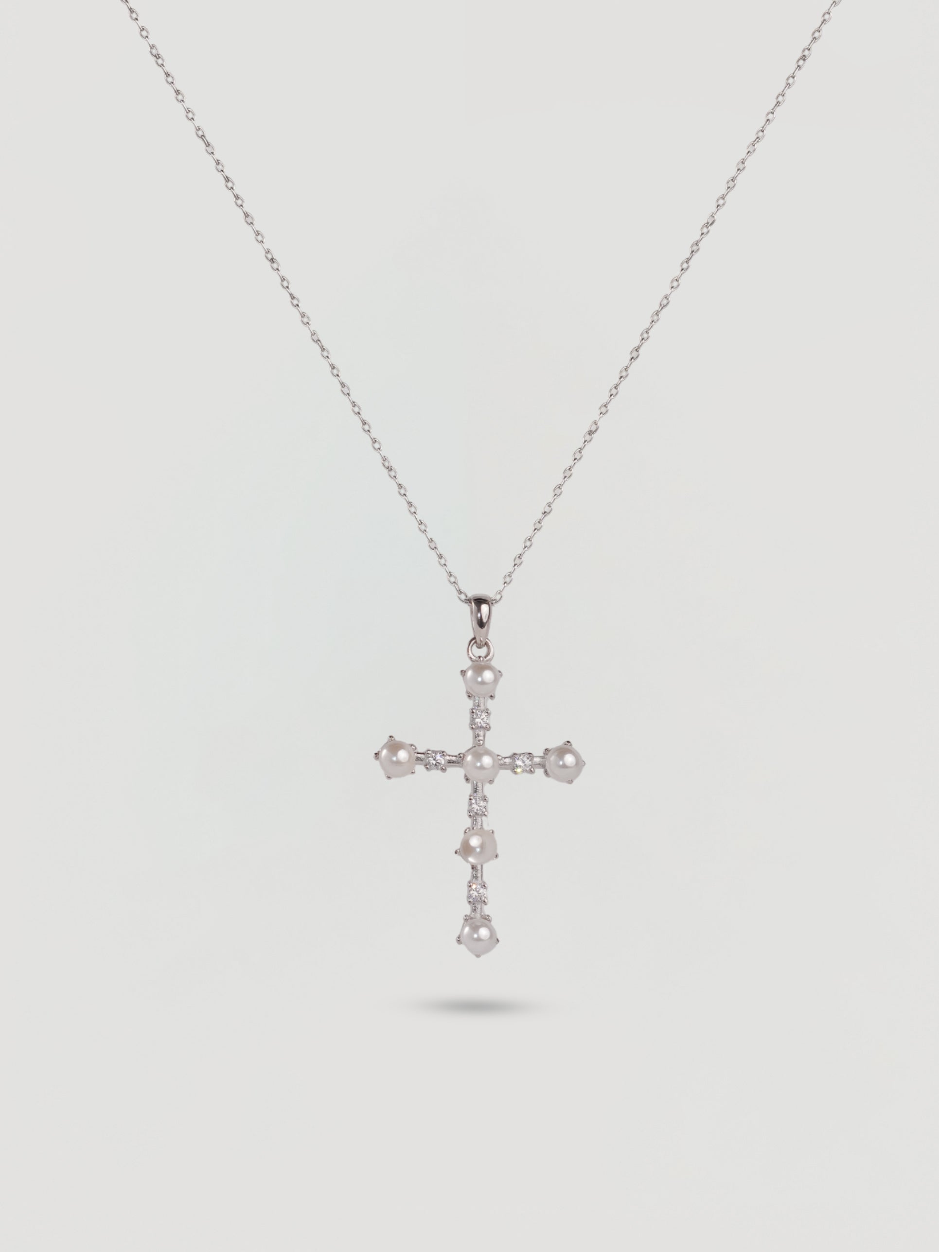 Vintage Silver Pearl & Crystal Cross Necklace
