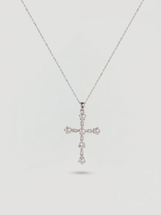 Vintage Silver Pearl & Crystal Cross Necklace
