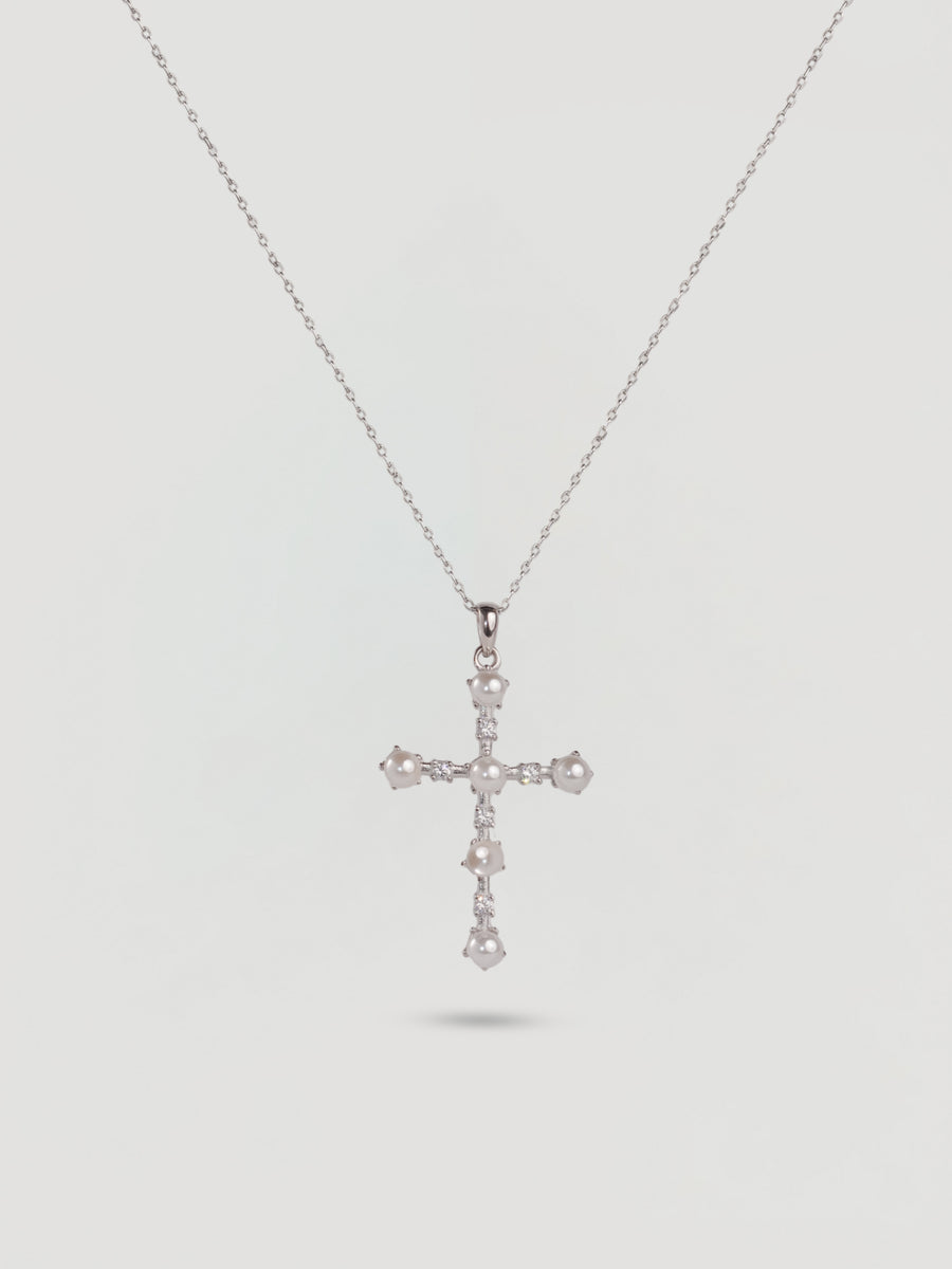 Vintage Silver Pearl & Crystal Cross Necklace