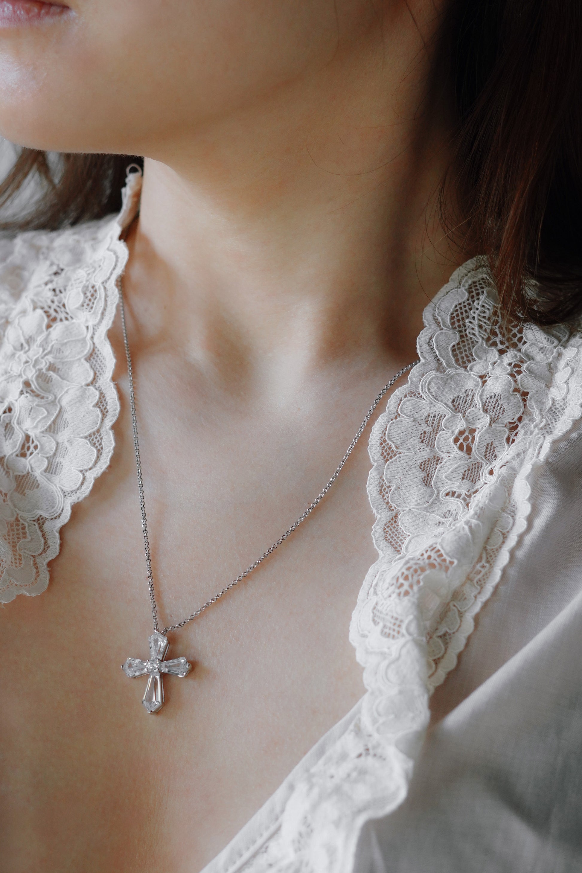 Sparkling Silver Crystal Baguette Cross Necklace