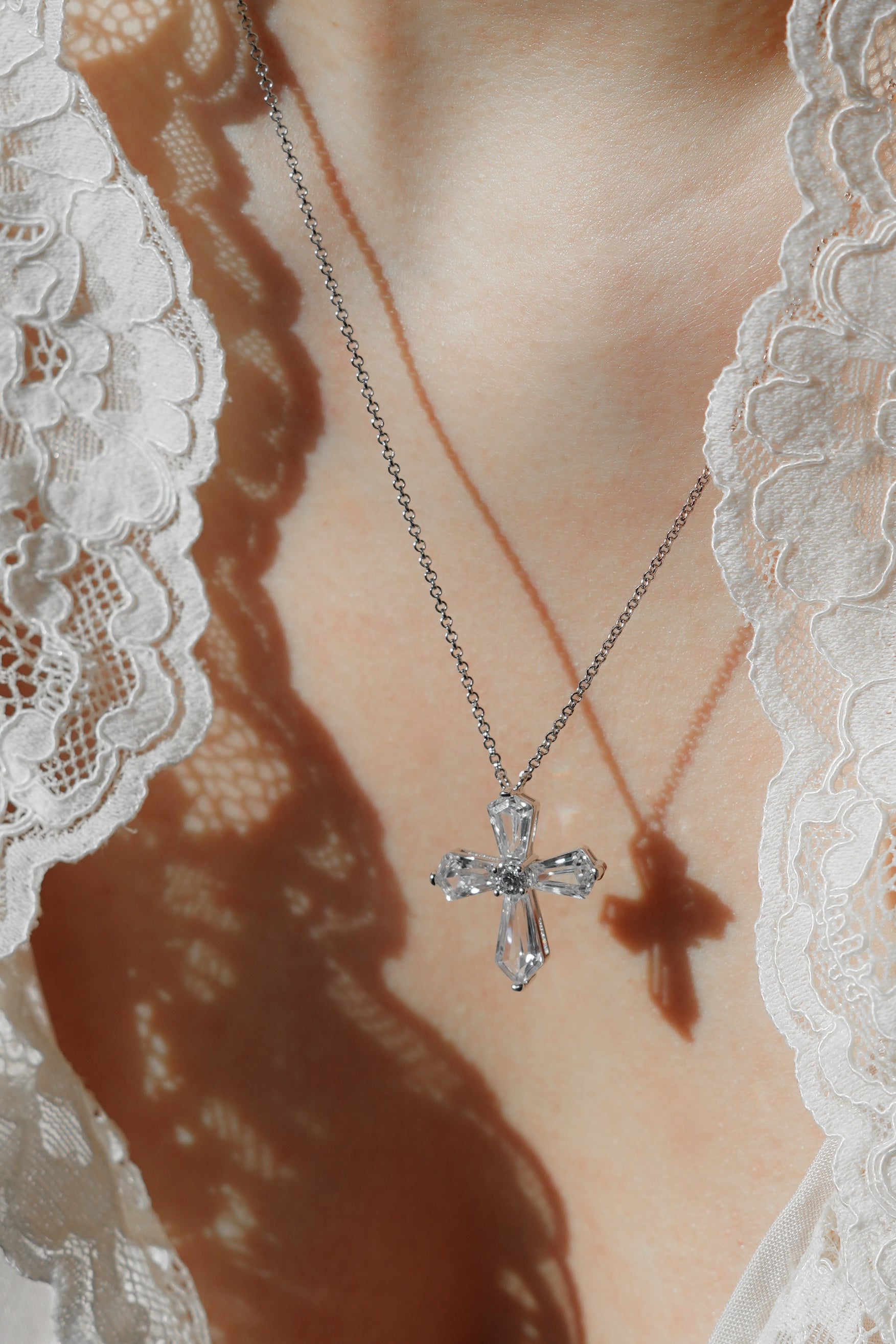 Sparkling Silver Crystal Baguette Cross Necklace