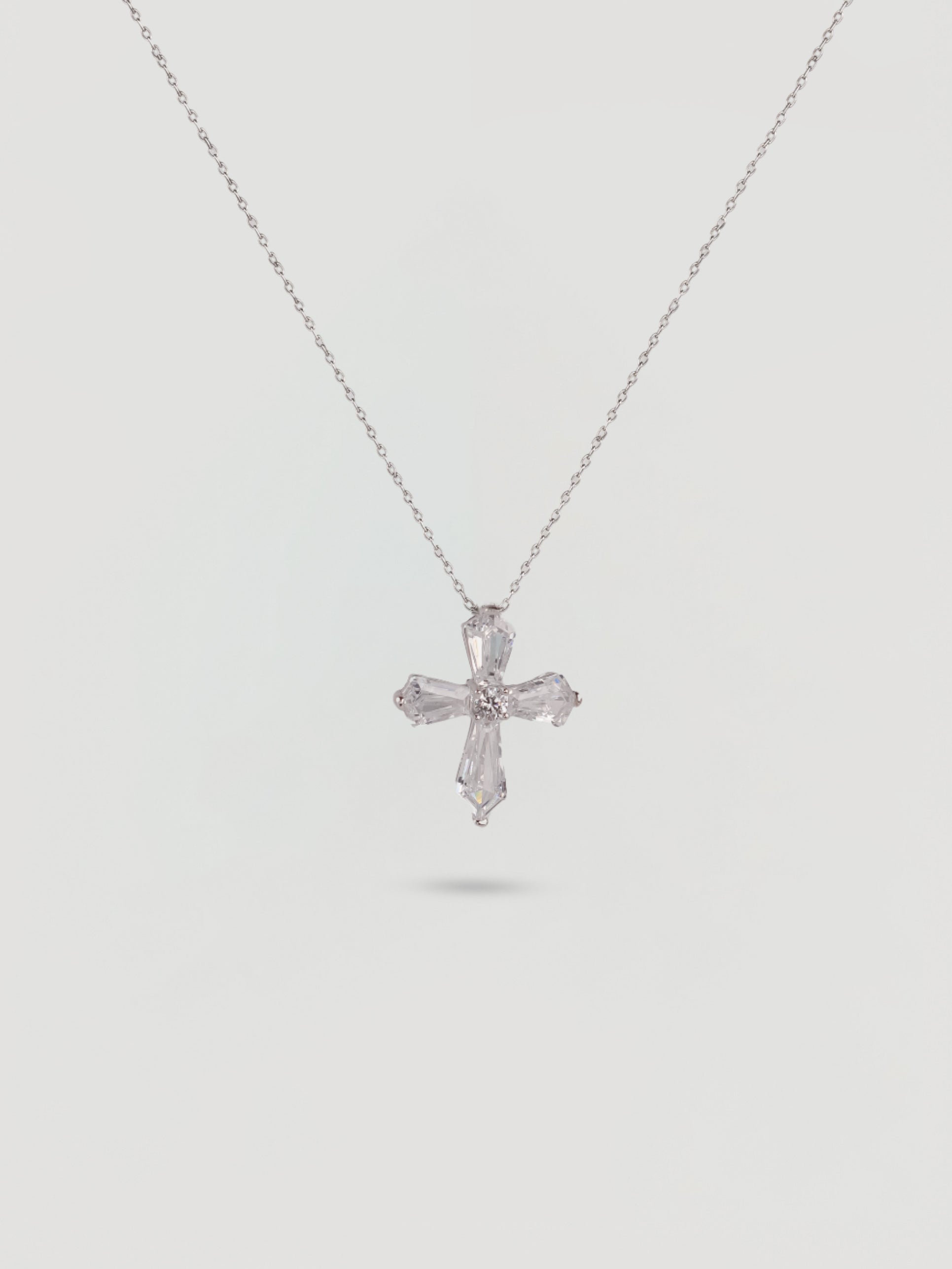 Sparkling Silver Crystal Baguette Cross Necklace