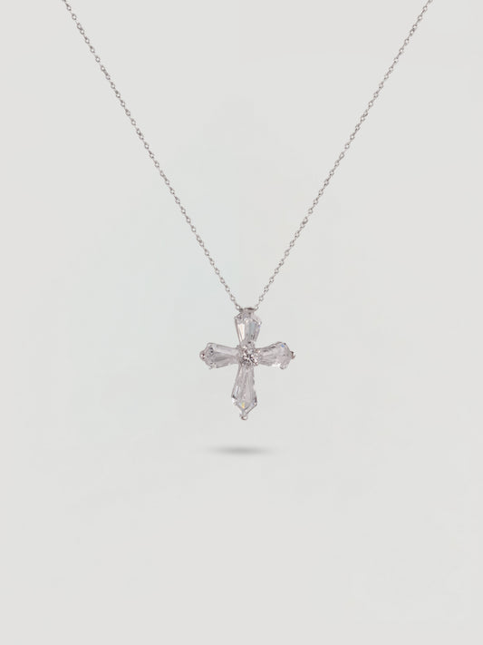 Sparkling Silver Crystal Baguette Cross Necklace