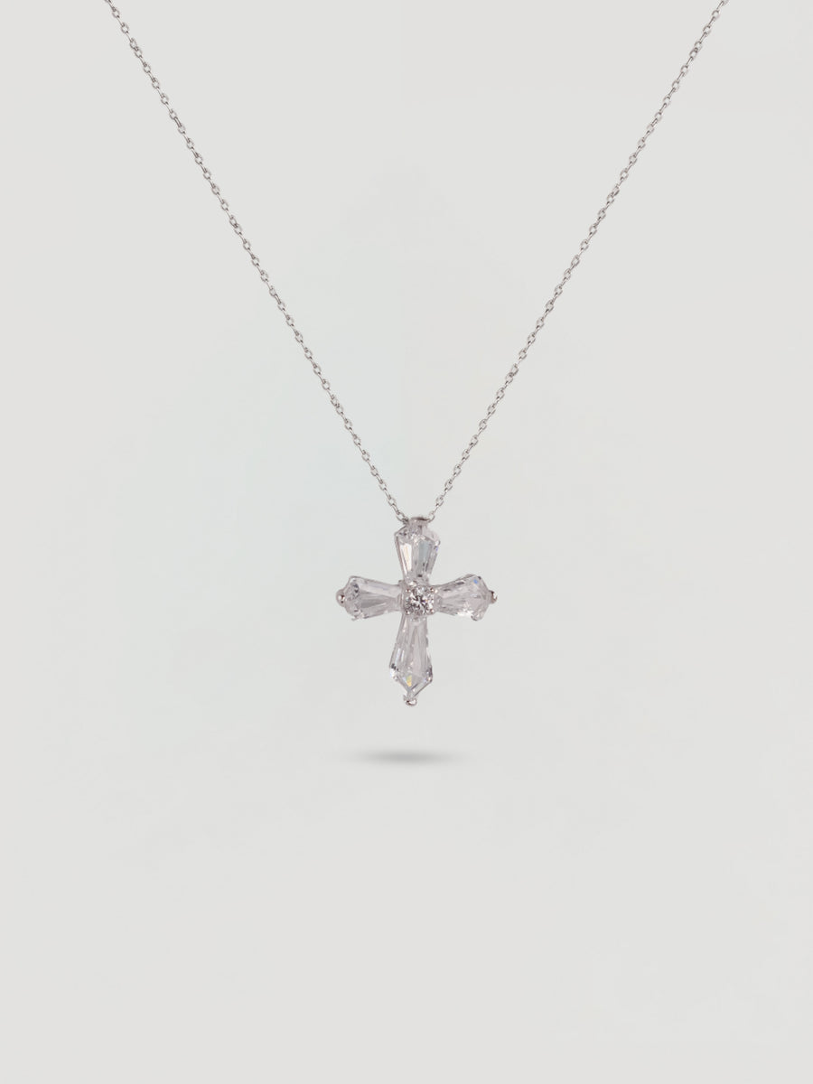 Silver Baguette Crystal Cross Necklace