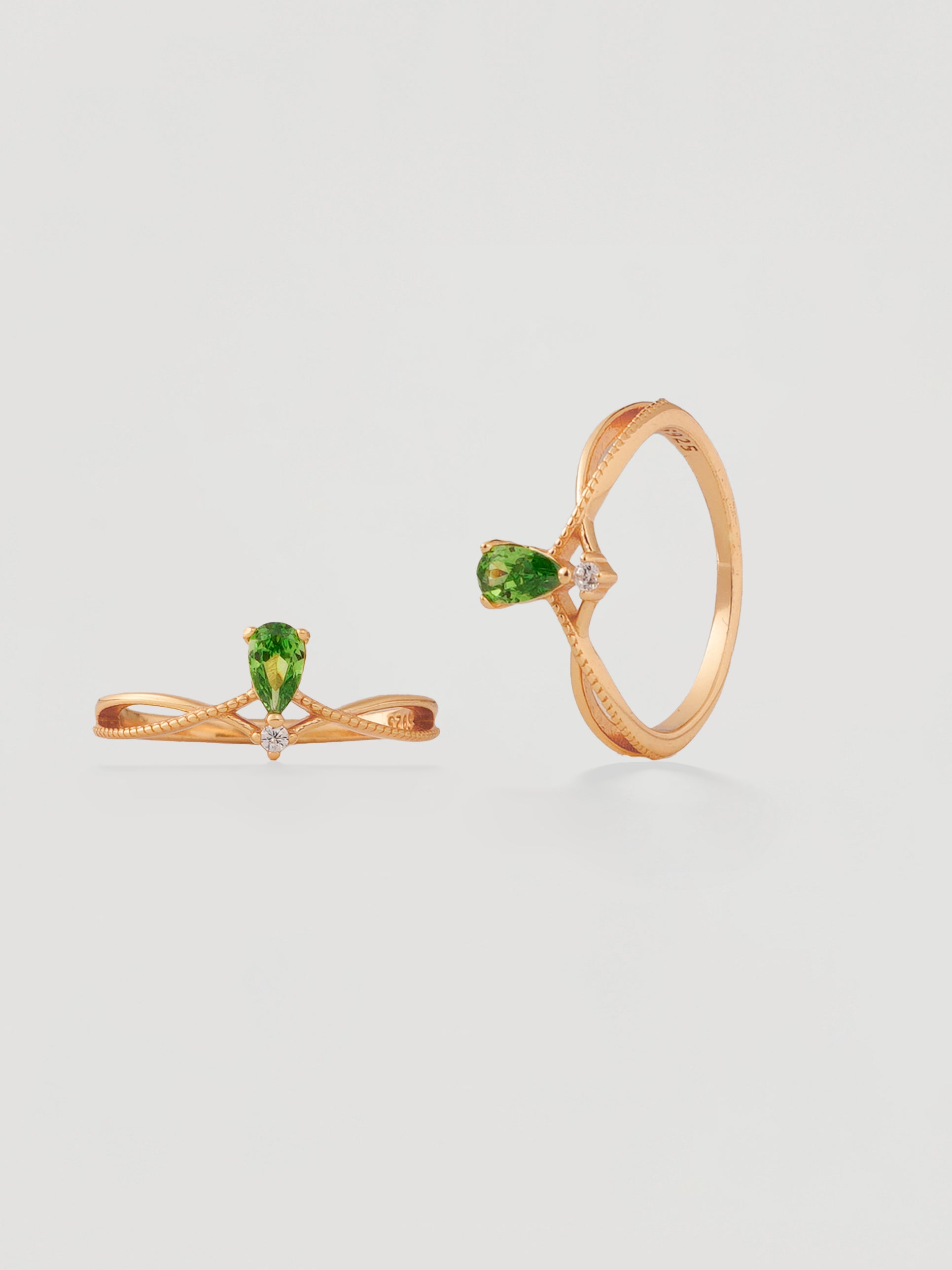 Vintage Gold Green Pear Crystal Wishbone Ring